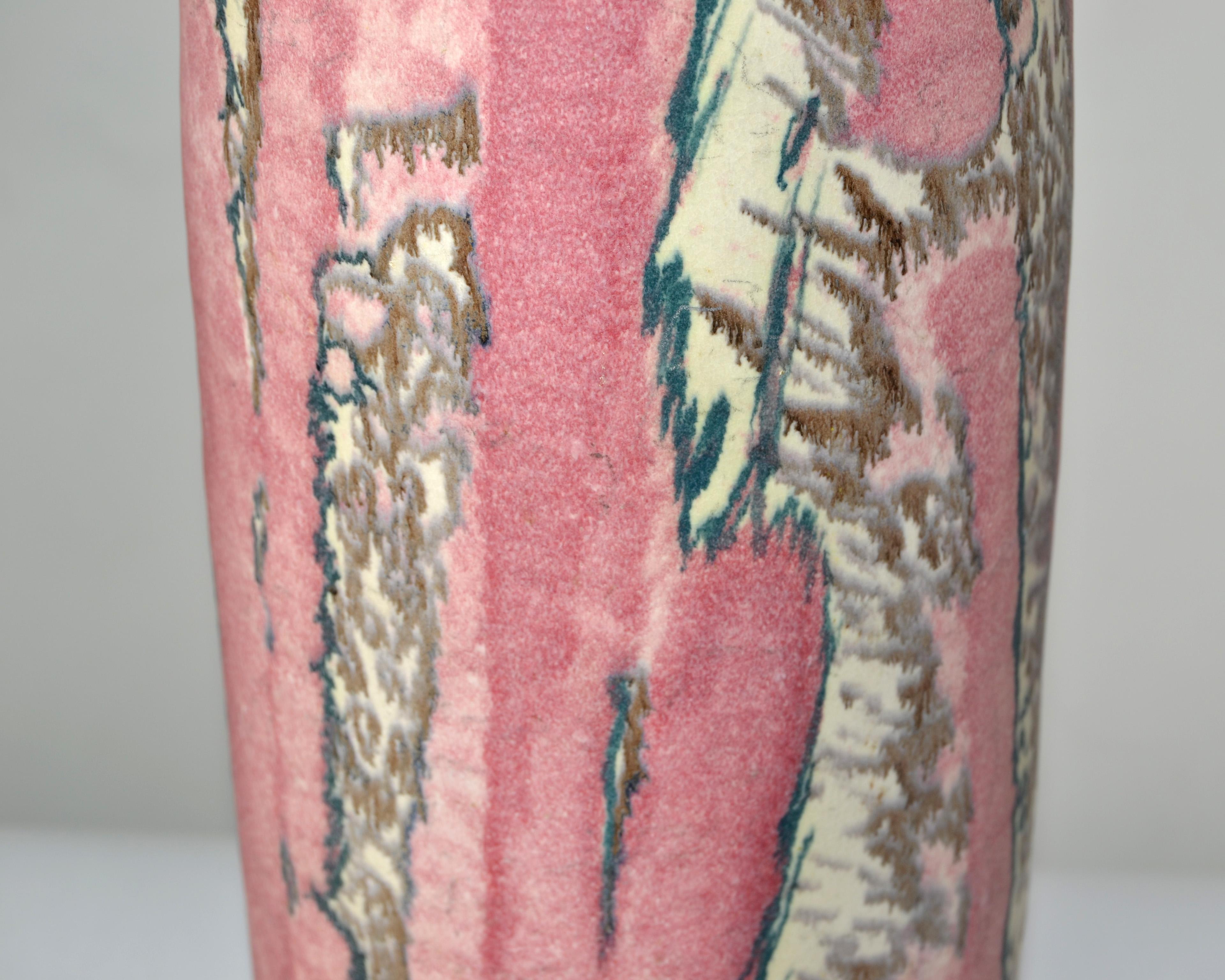 20th Century Signed Tall Incised Glazed Ceramic Studio Piece Pink Vase Mid-Century Modern 70s For Sale
