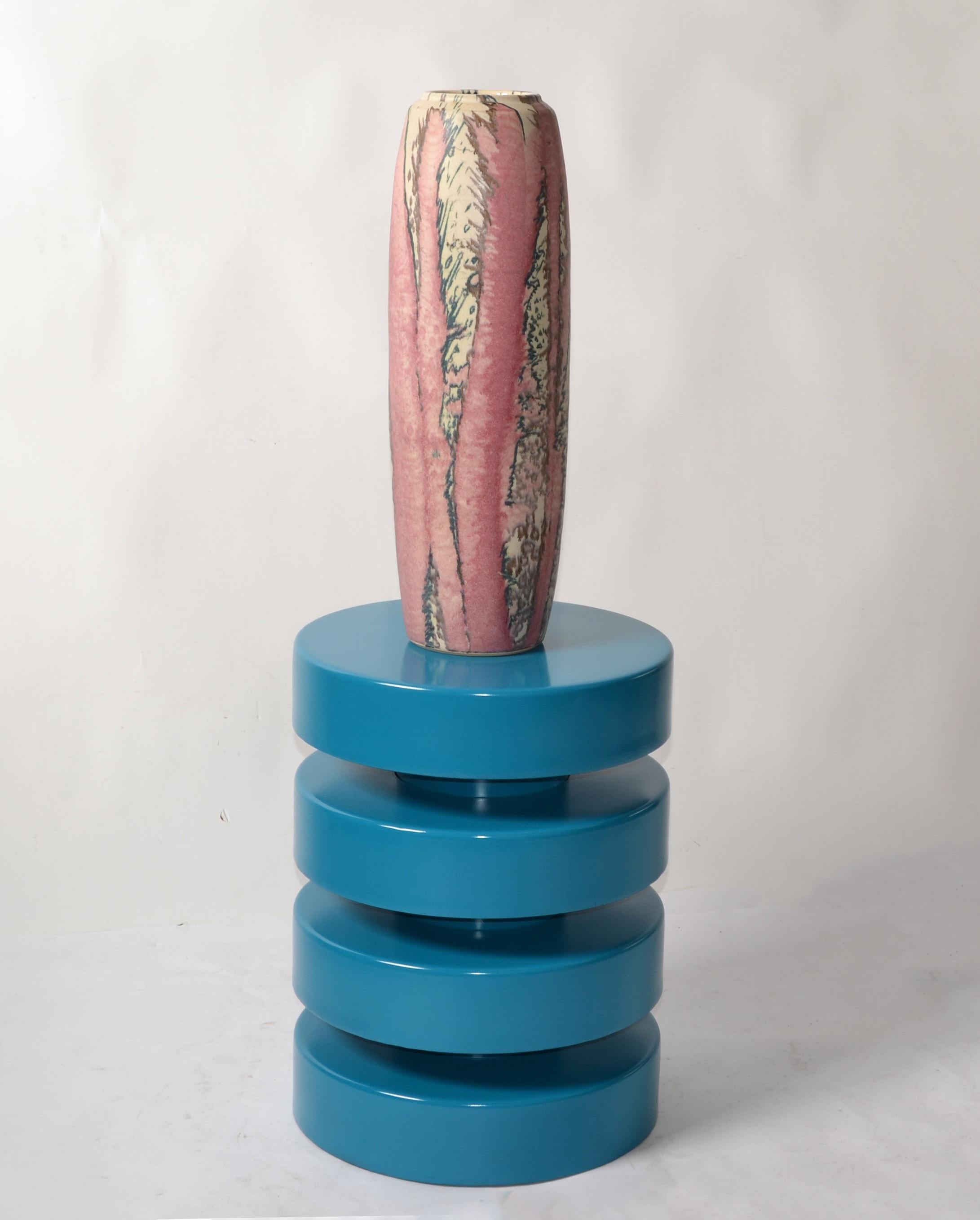 Signed Tall Incised Glazed Ceramic Studio Piece Pink Vase Mid-Century Modern 70s For Sale 4