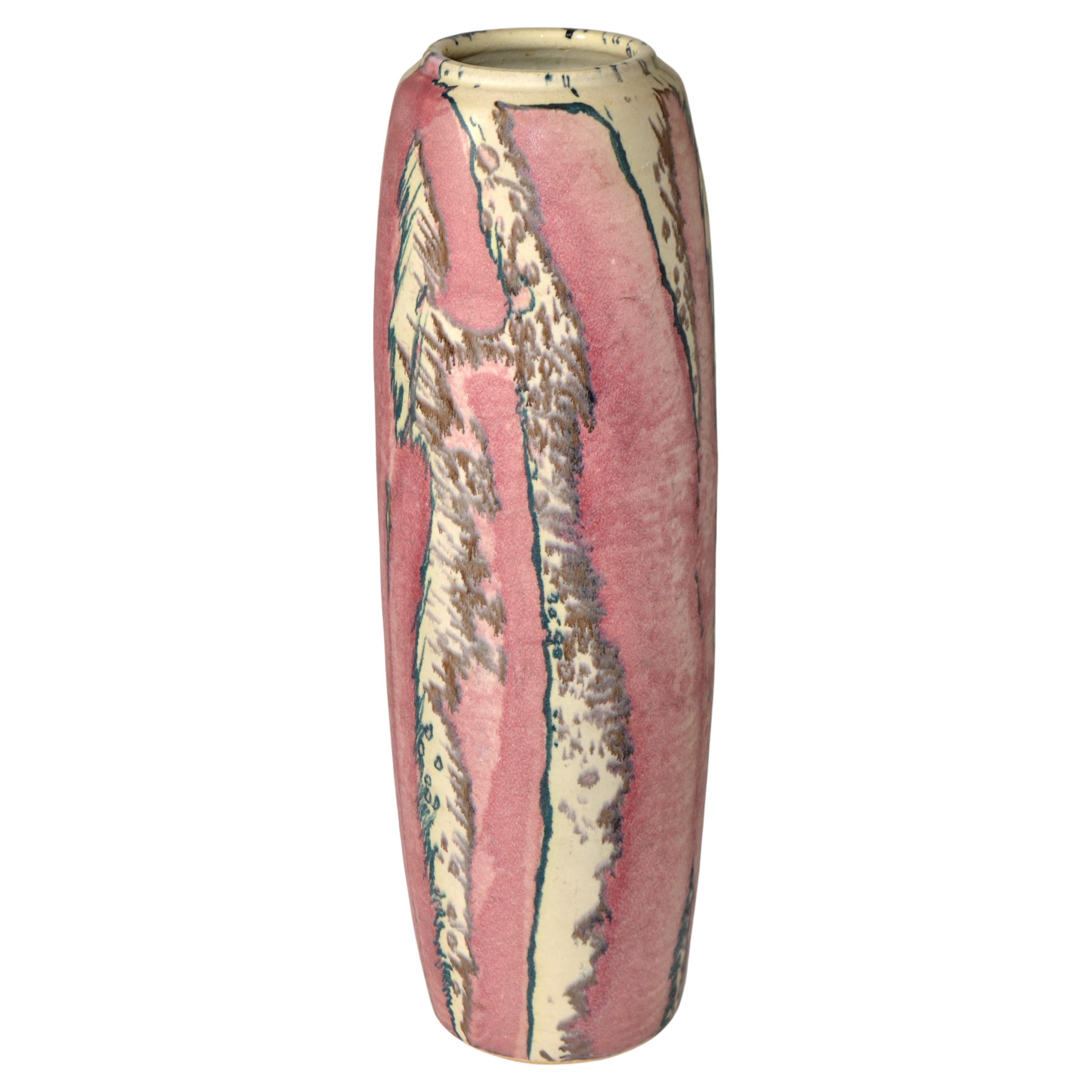 Signed Tall Incised Glazed Ceramic Studio Piece Pink Vase Mid-Century Modern 70s For Sale