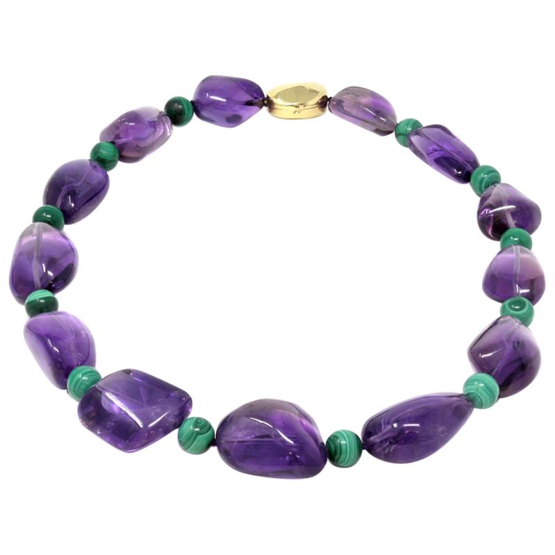 Signed Tambetti Amethyst and Malachite Beaded Necklace with 18 Karat Clasp For Sale