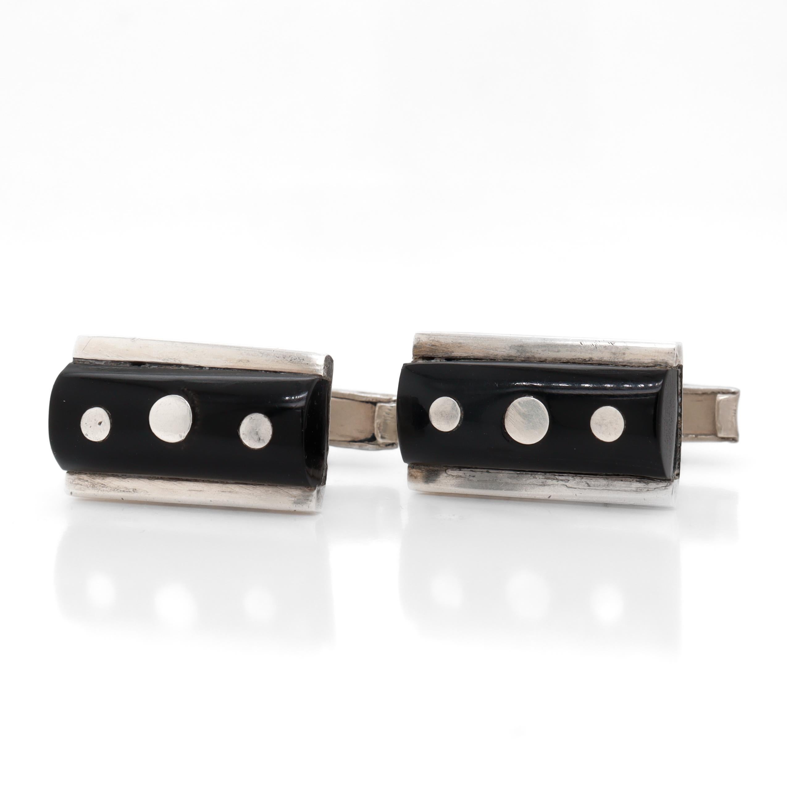 Boutons de manchette modernistes mexicains en argent sterling et obsidienne signés Taxco en vente 5