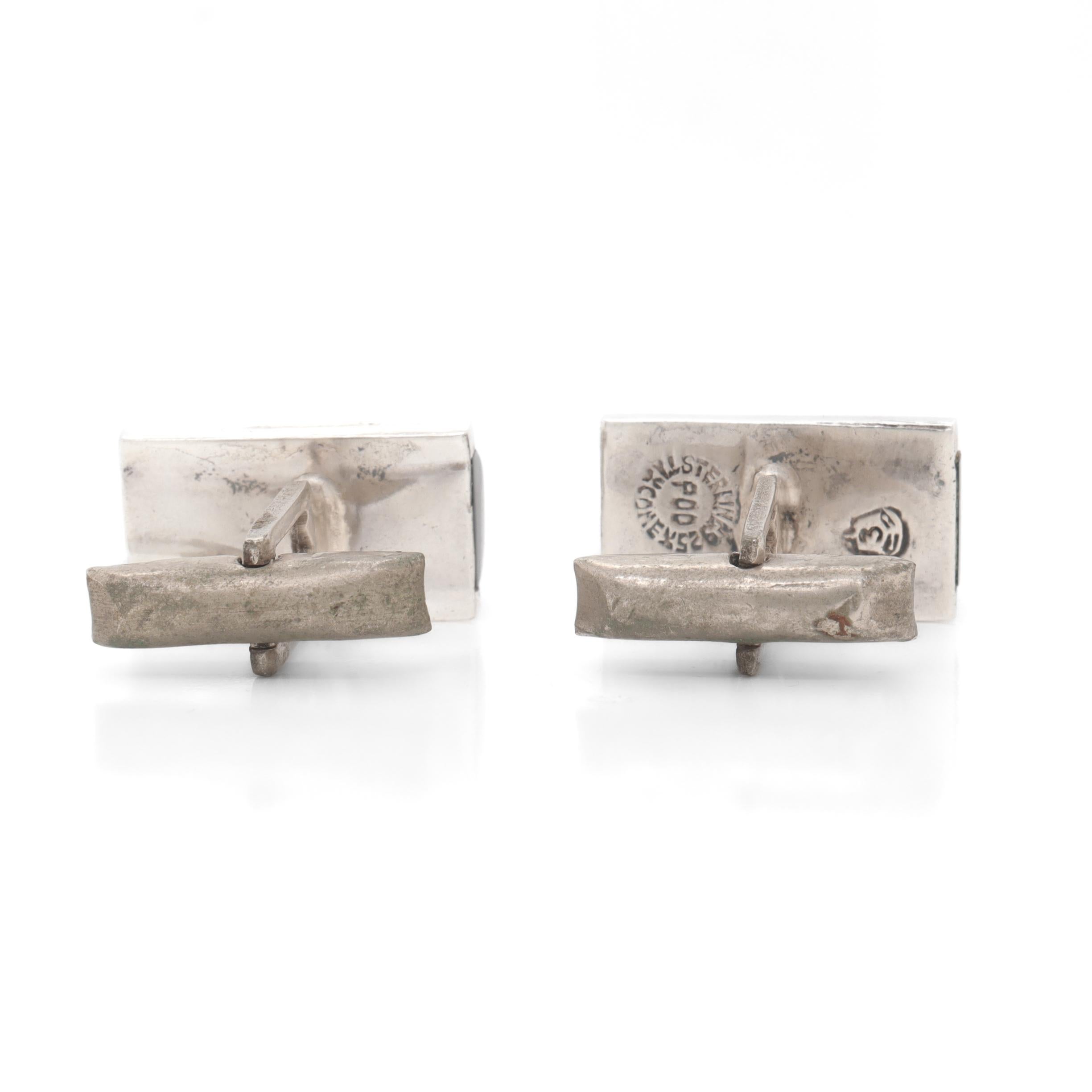 Boutons de manchette modernistes mexicains en argent sterling et obsidienne signés Taxco en vente 6
