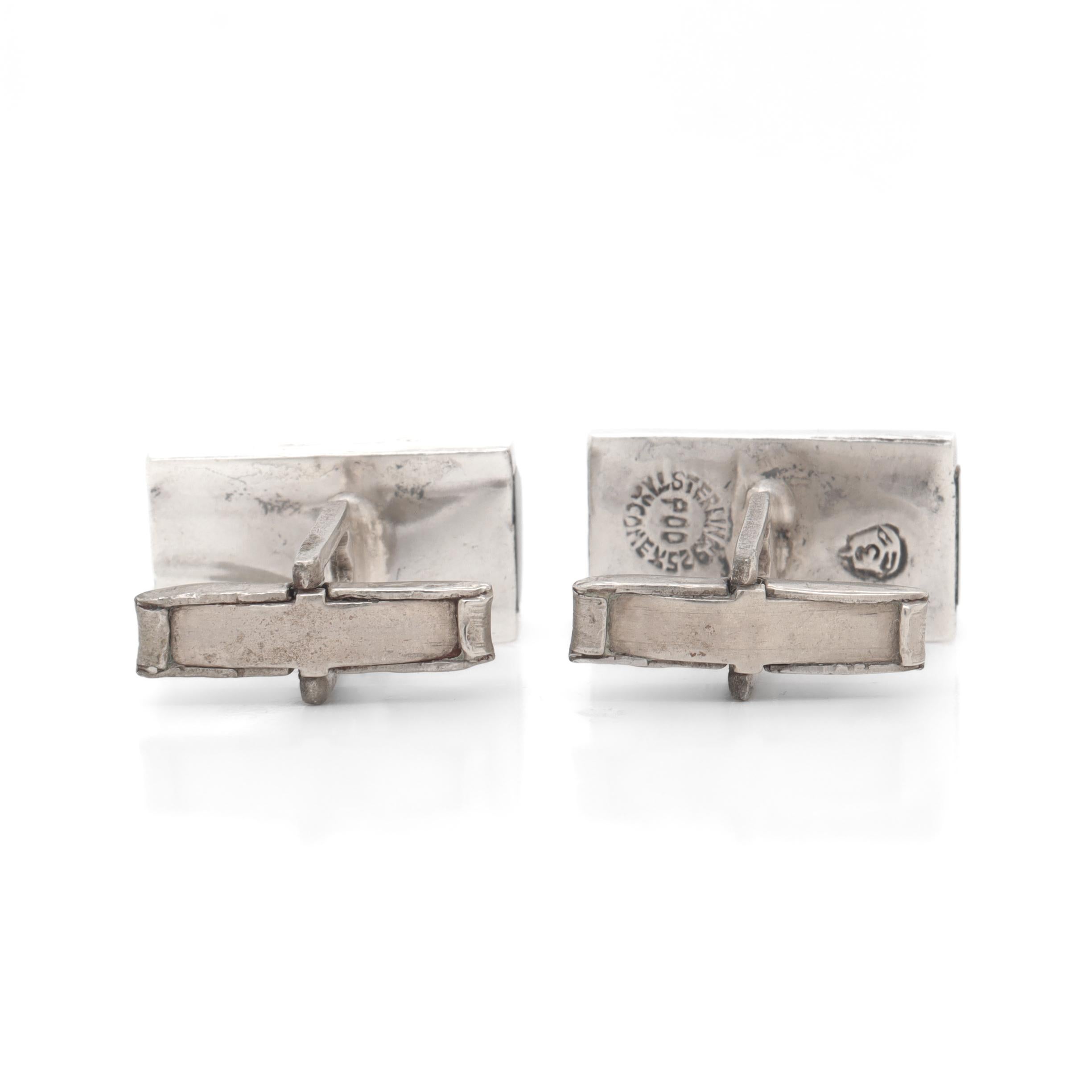 Boutons de manchette modernistes mexicains en argent sterling et obsidienne signés Taxco en vente 7