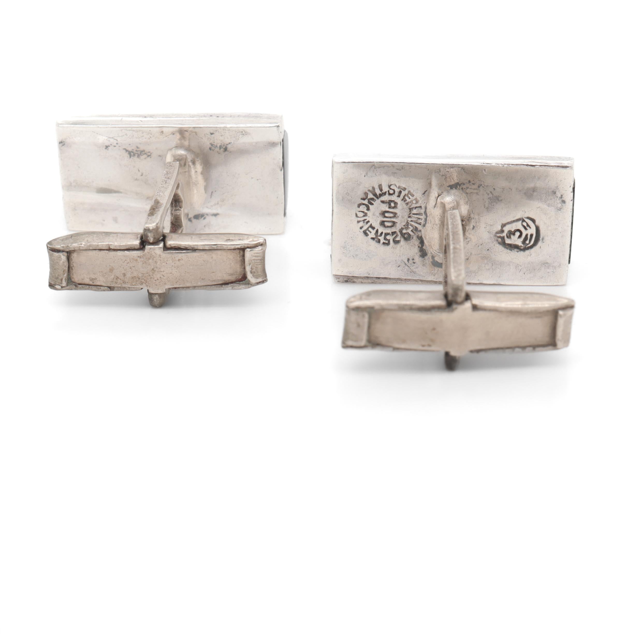 Boutons de manchette modernistes mexicains en argent sterling et obsidienne signés Taxco en vente 8