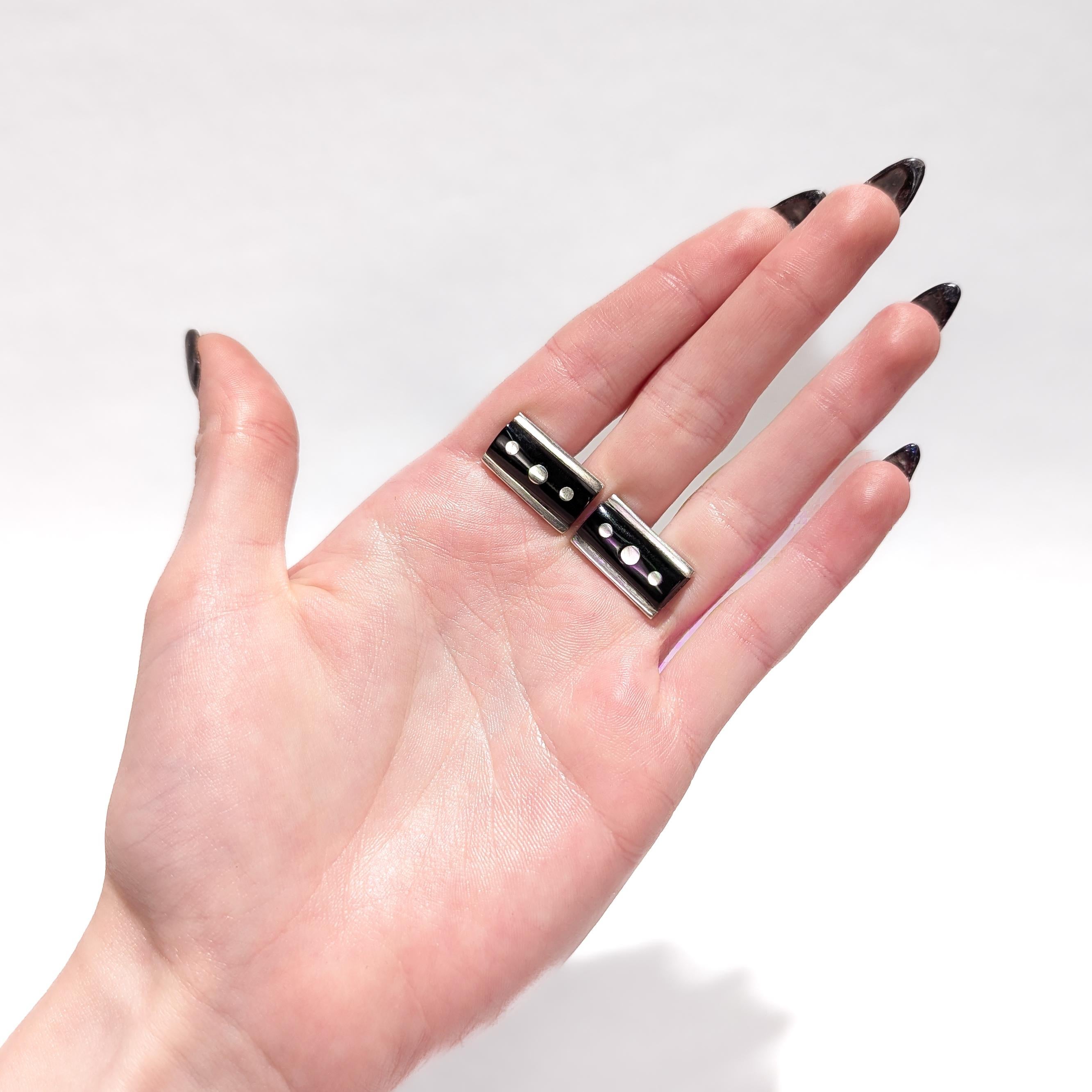 Boutons de manchette modernistes mexicains en argent sterling et obsidienne signés Taxco en vente 10