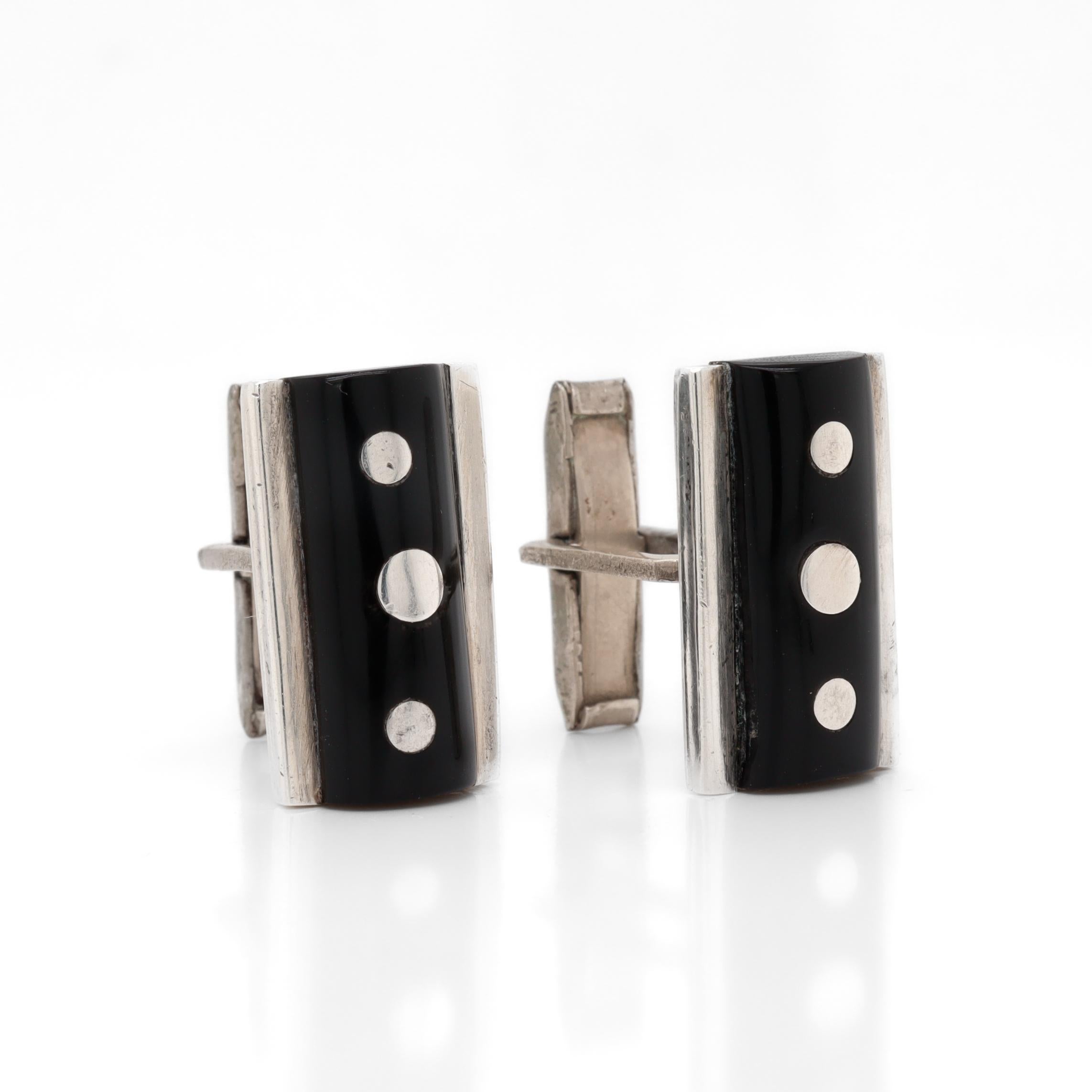 Moderniste Boutons de manchette modernistes mexicains en argent sterling et obsidienne signés Taxco en vente