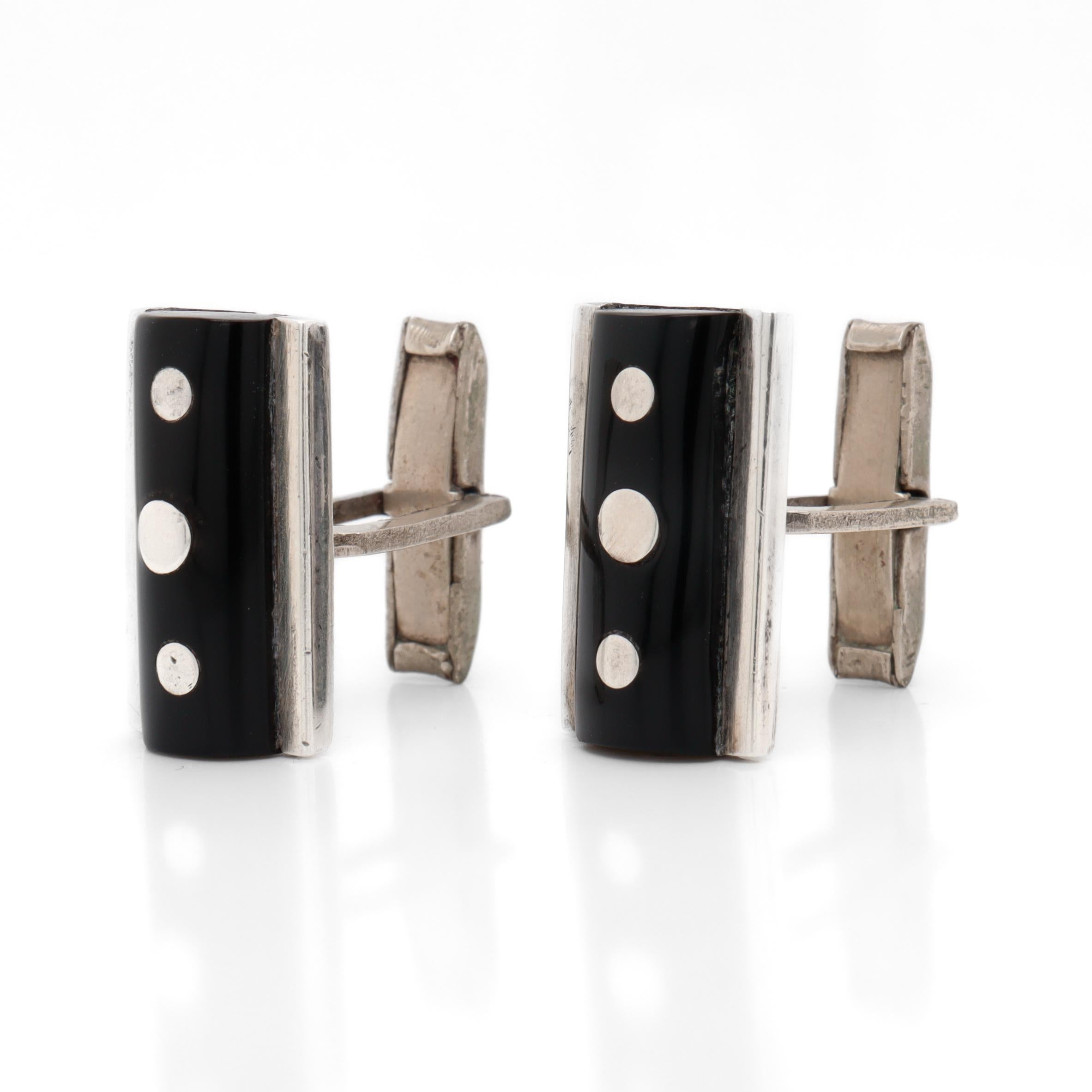 Boutons de manchette modernistes mexicains en argent sterling et obsidienne signés Taxco Bon état - En vente à Philadelphia, PA