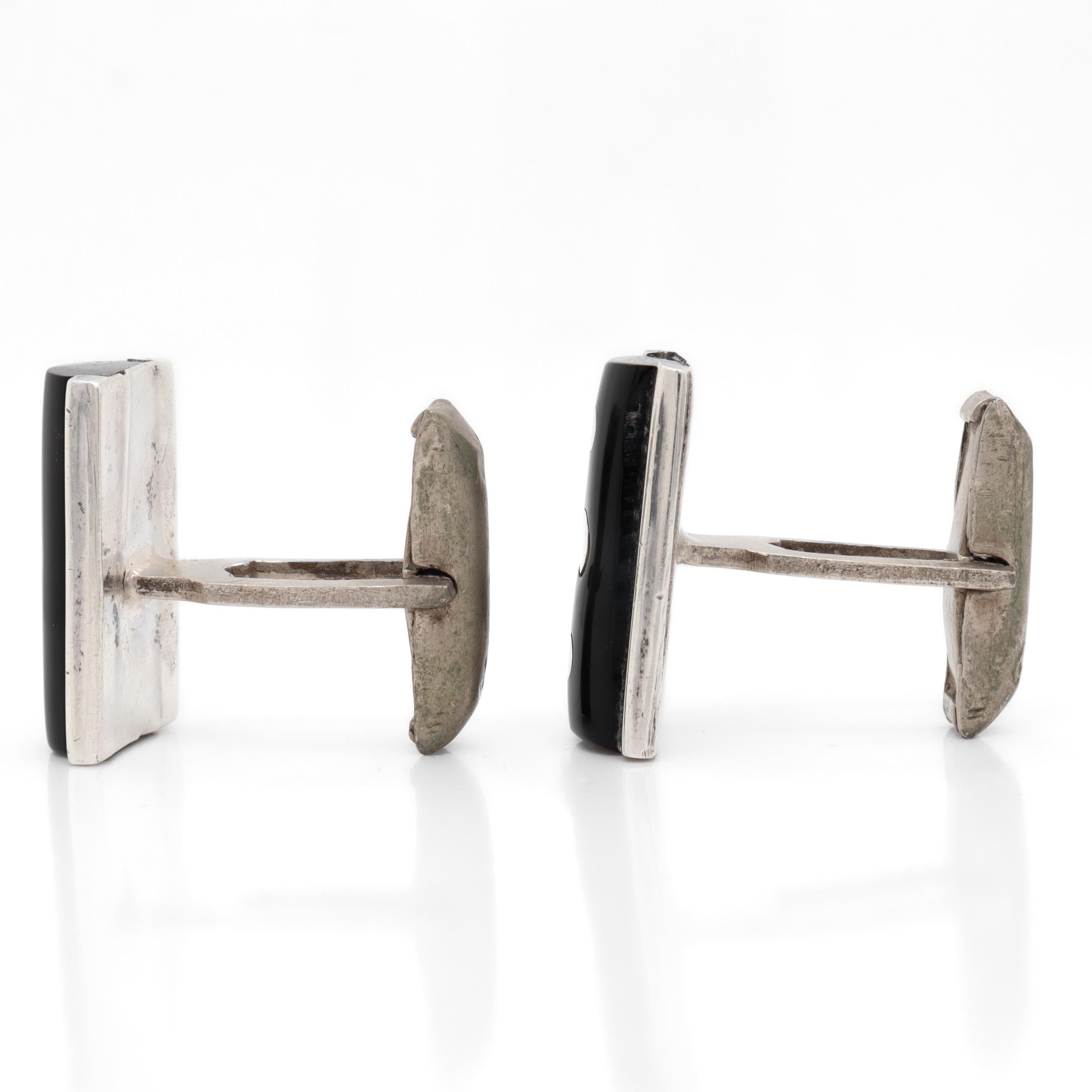 Boutons de manchette modernistes mexicains en argent sterling et obsidienne signés Taxco Pour hommes en vente