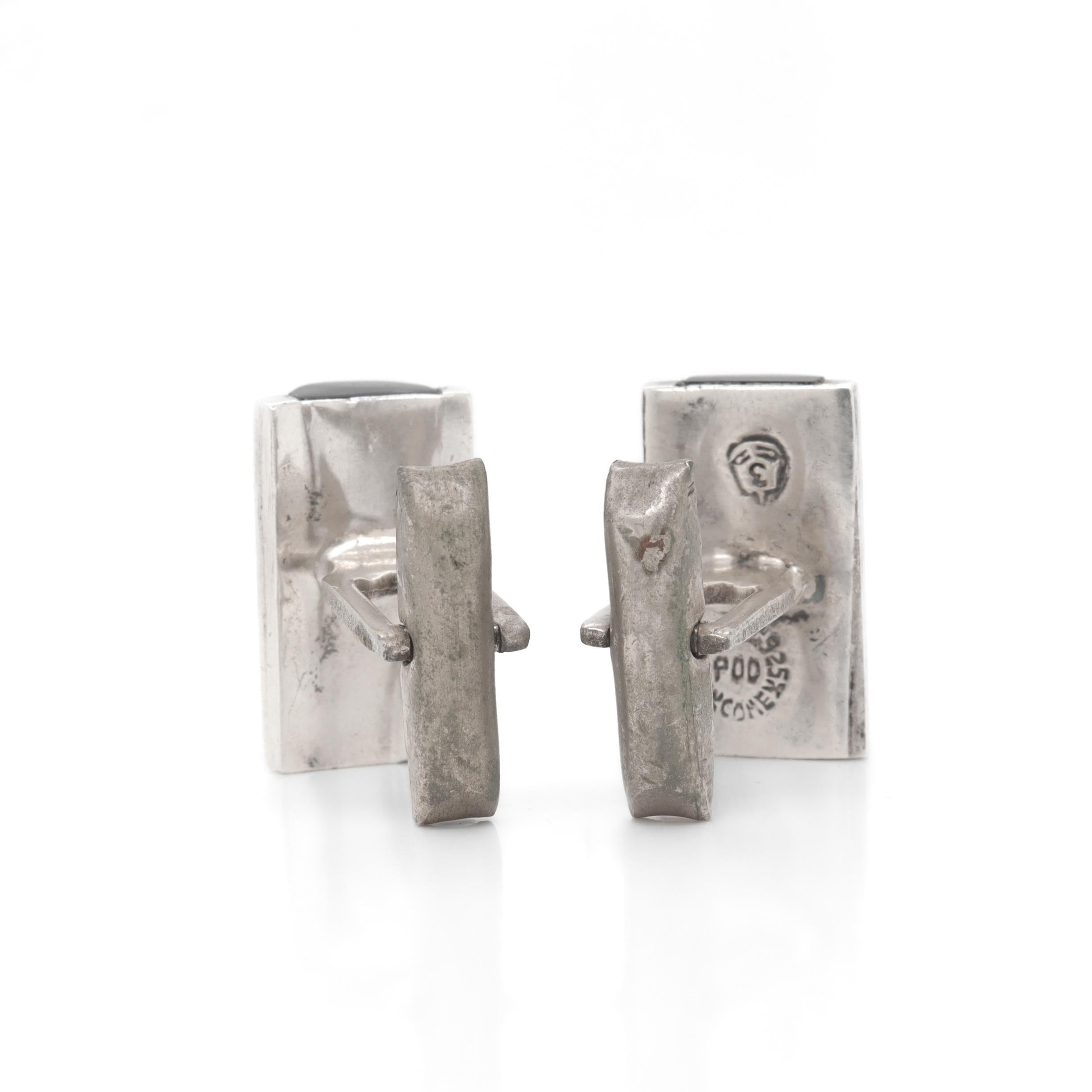 Boutons de manchette modernistes mexicains en argent sterling et obsidienne signés Taxco en vente 1