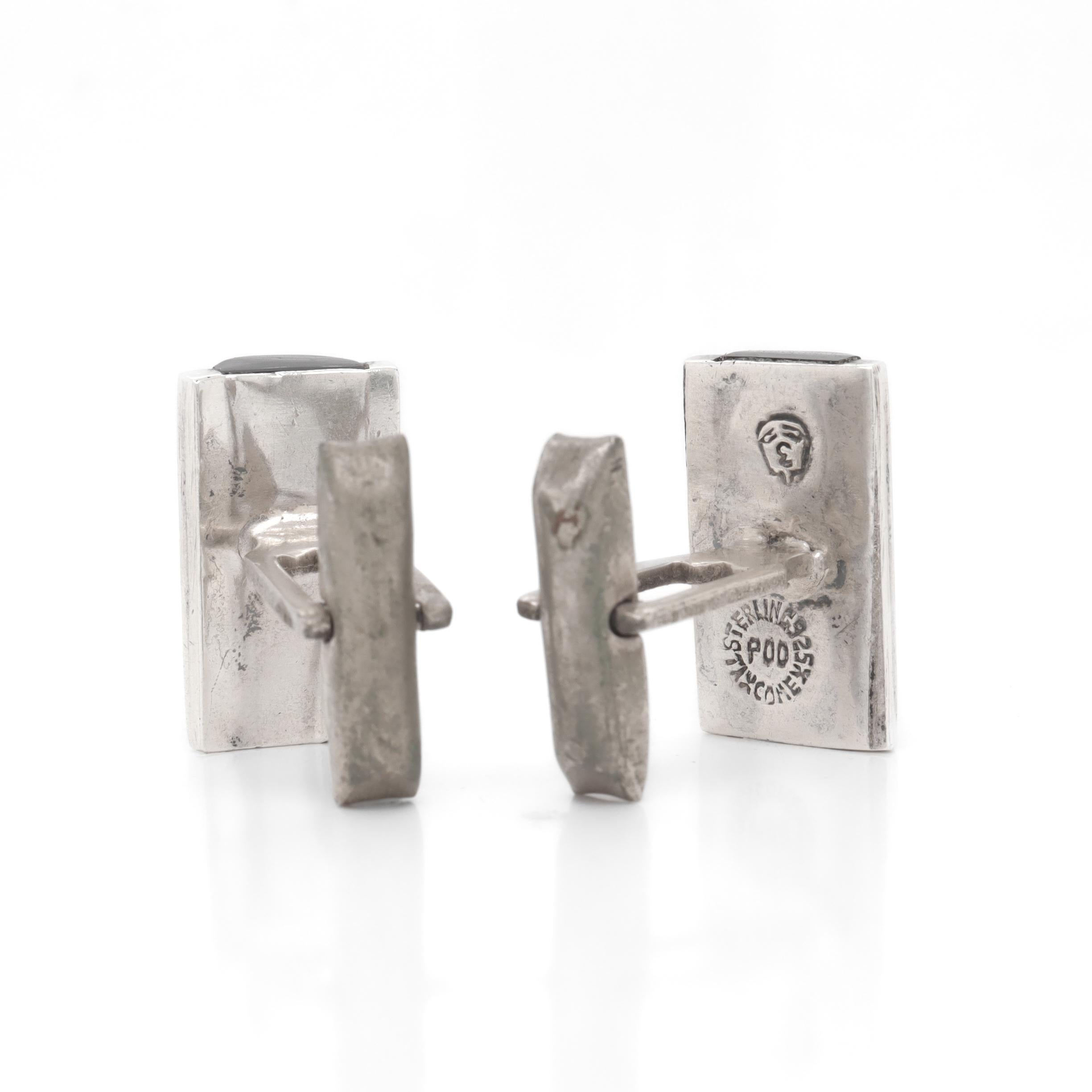 Boutons de manchette modernistes mexicains en argent sterling et obsidienne signés Taxco en vente 2