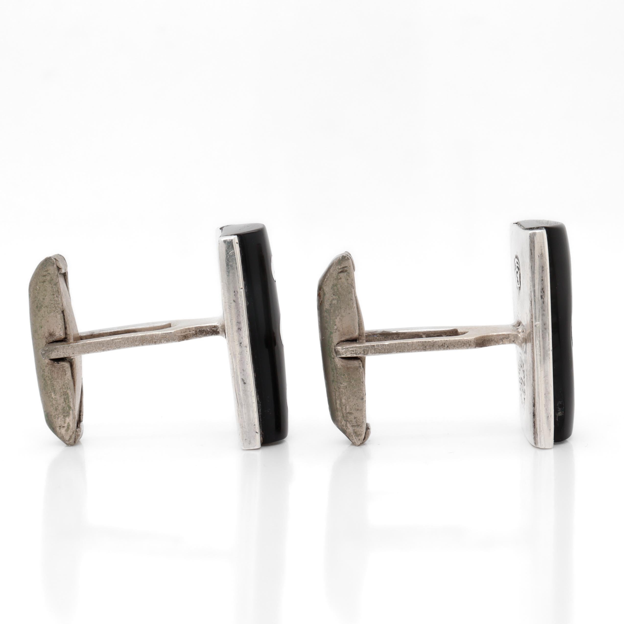 Boutons de manchette modernistes mexicains en argent sterling et obsidienne signés Taxco en vente 3