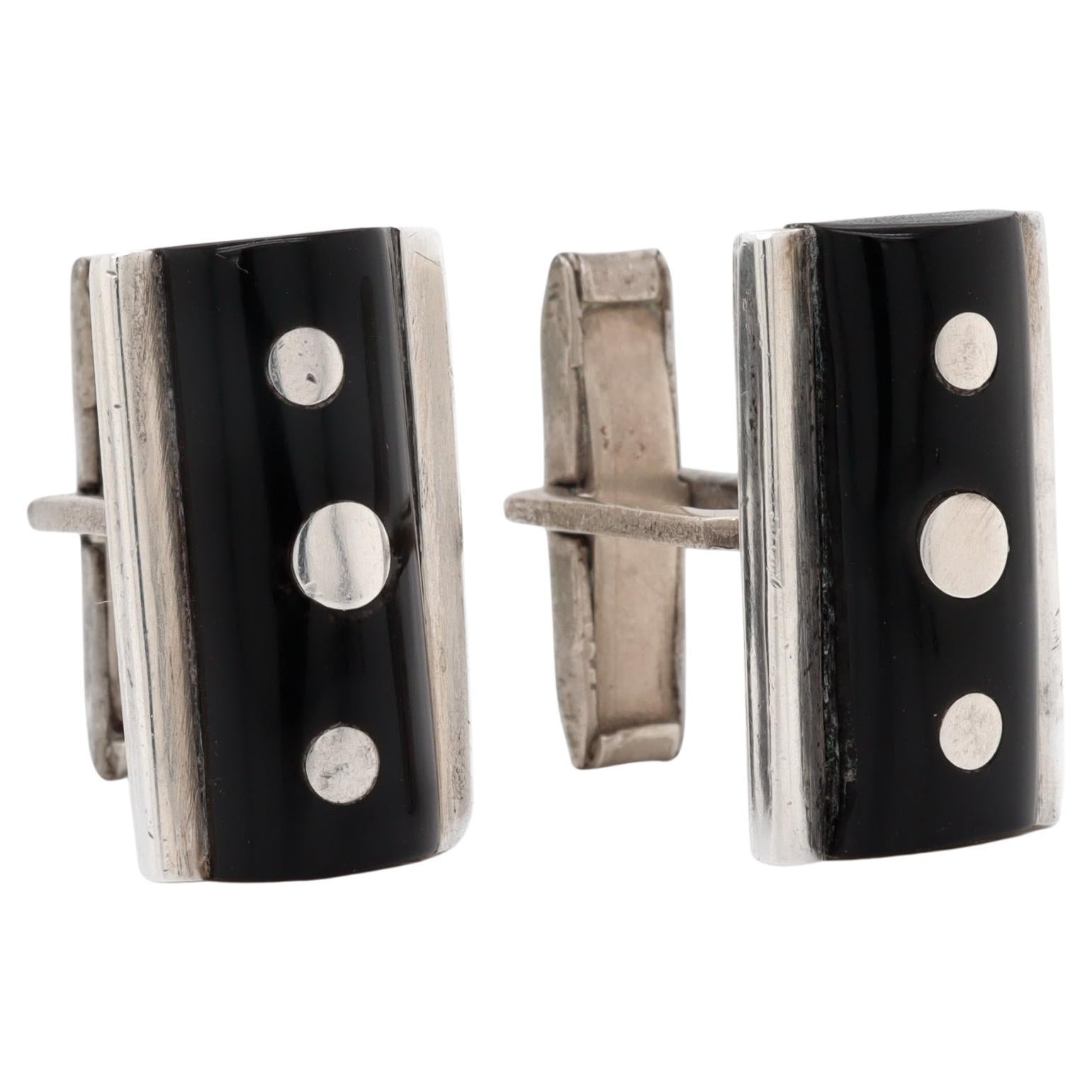 Boutons de manchette modernistes mexicains en argent sterling et obsidienne signés Taxco en vente