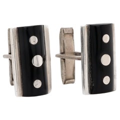 Signed Taxco Mexican Modernist Sterling Silver & Obsidian Cufflinks
