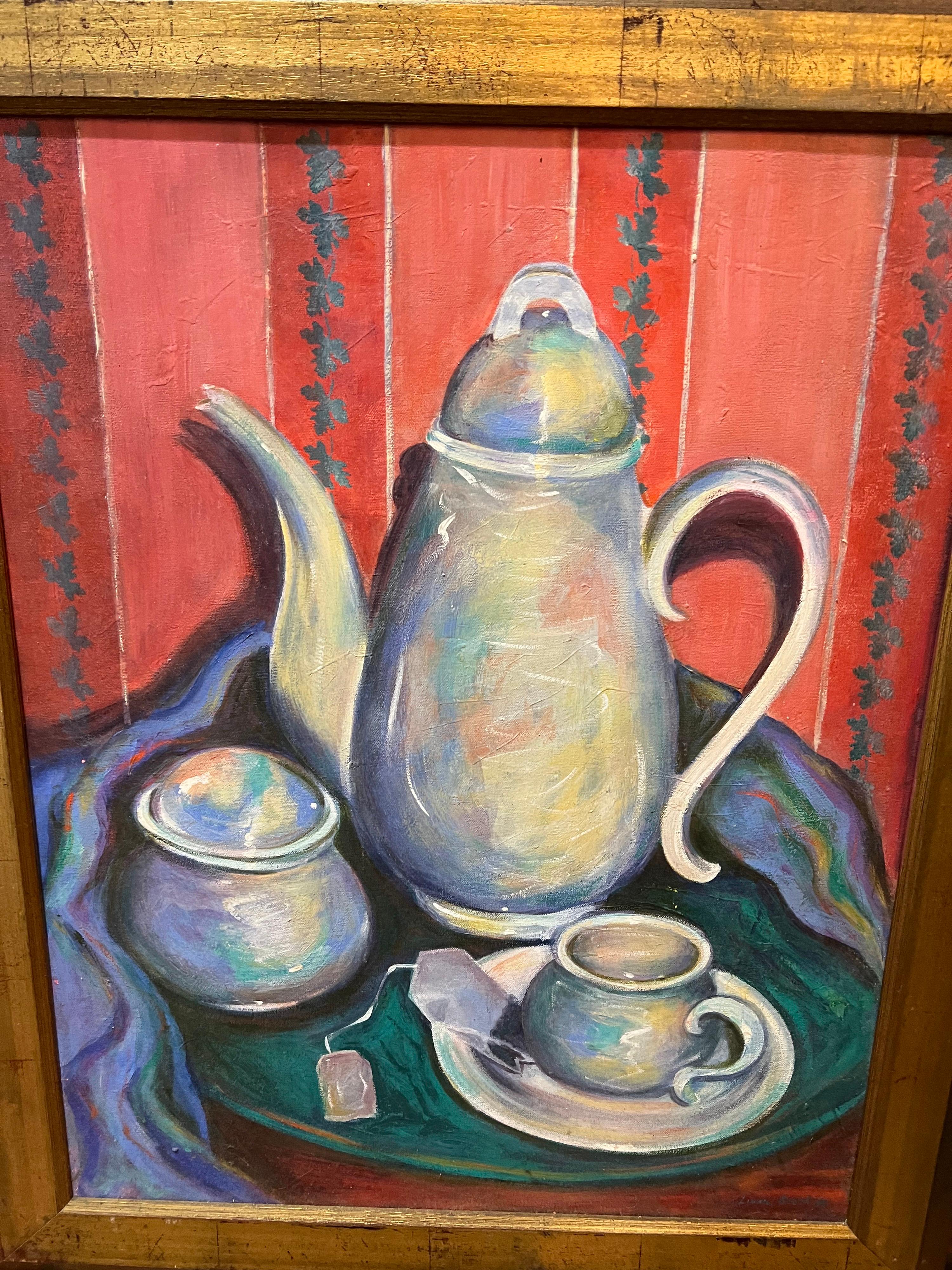 Signed Teapot Painting by Linda Smith In Good Condition For Sale In Redding, CT