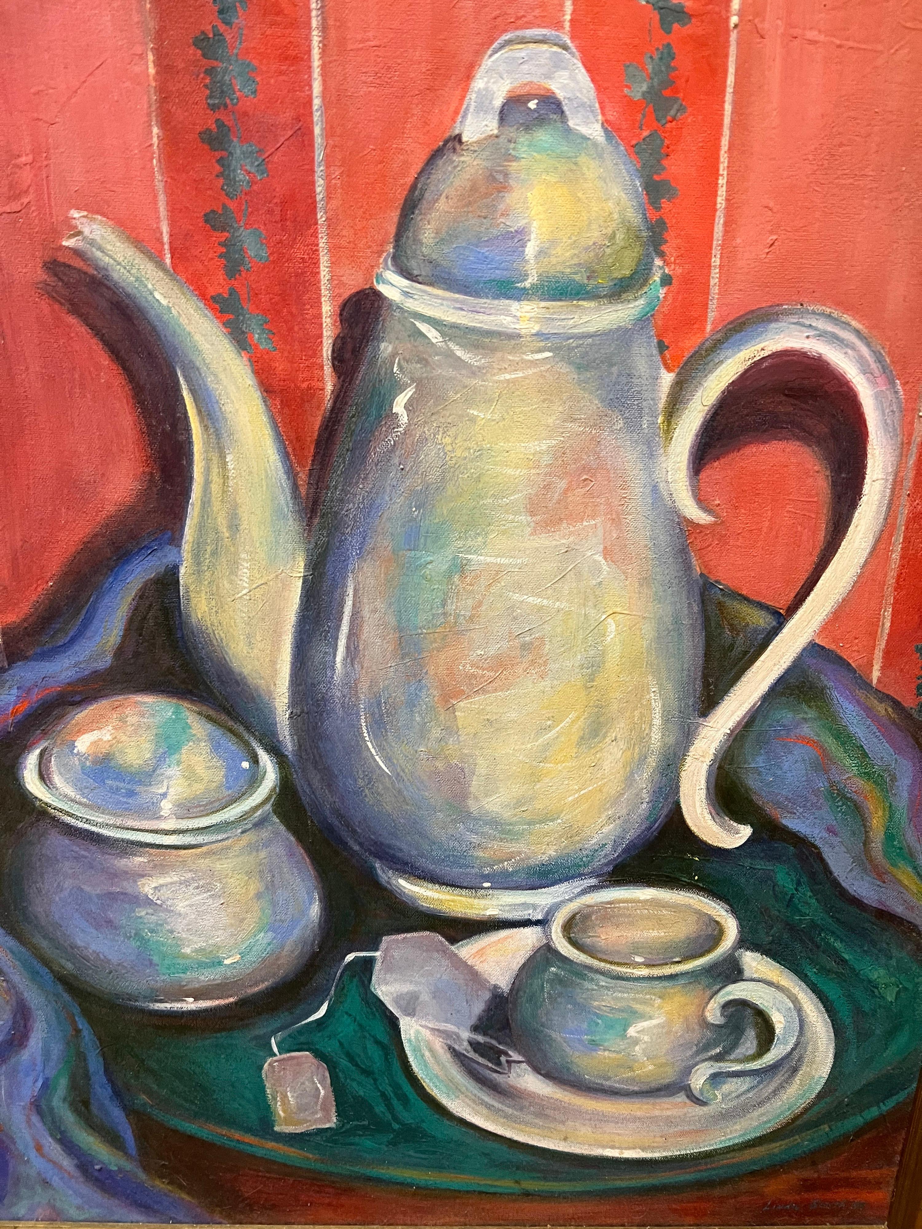 Late 20th Century Signed Teapot Painting by Linda Smith For Sale