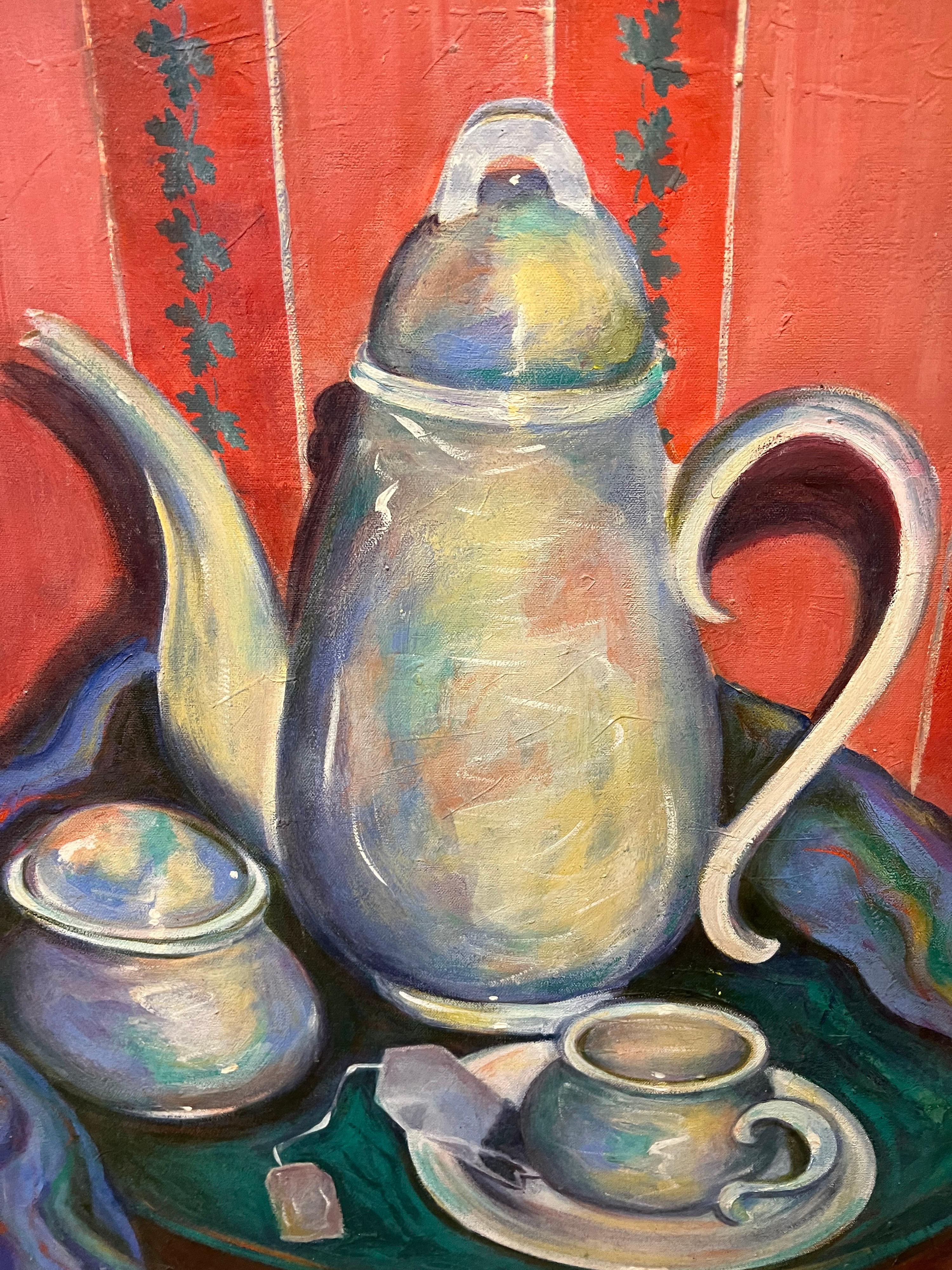 Canvas Signed Teapot Painting by Linda Smith For Sale