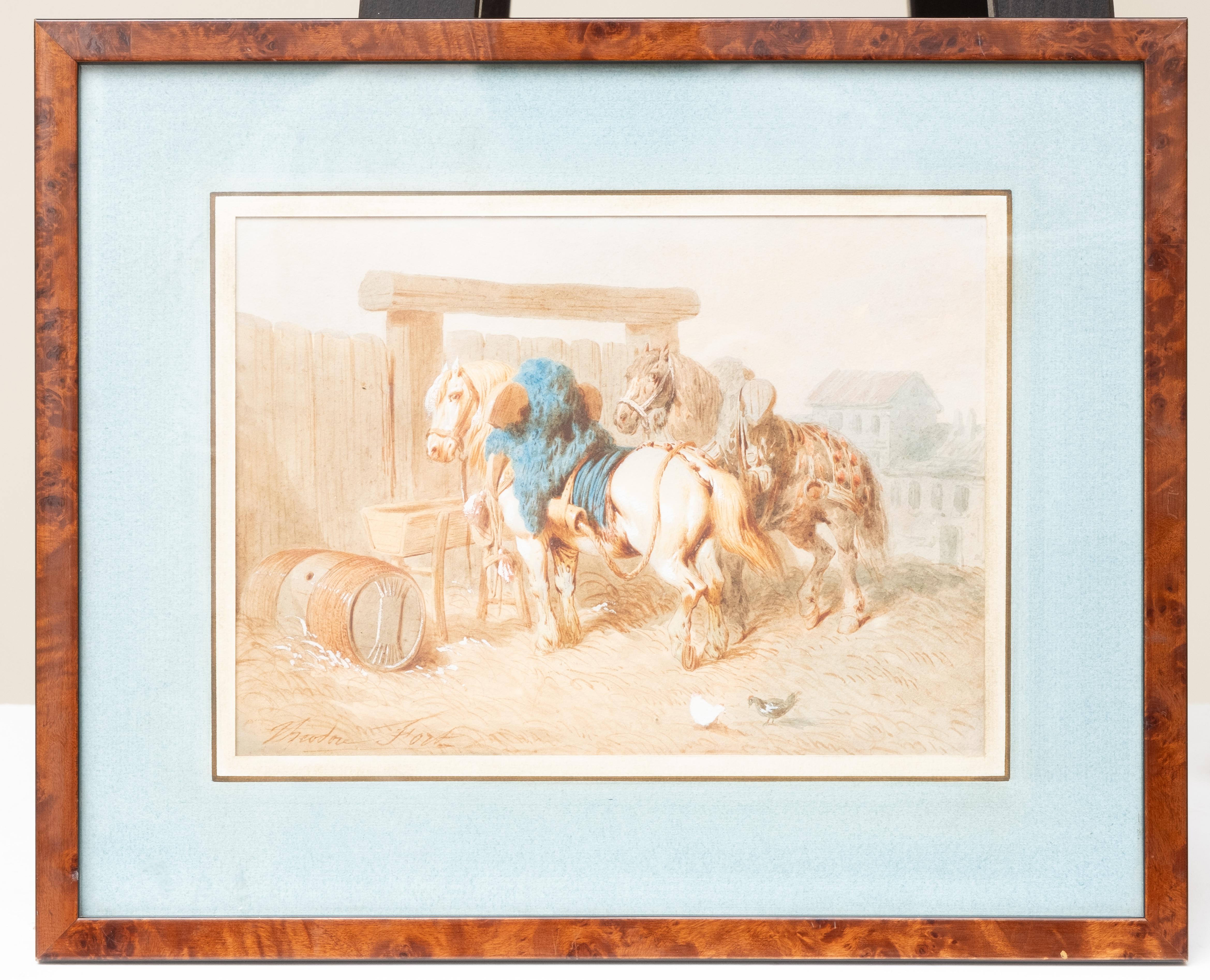 Theodore Gericault Fort (1810-1896) Horses at watering hole, Watercolor, signed lower left. Théodore Géricault Fort exhibited at the Salon from 1842. In his paintings he favors the representation of stables and horses.