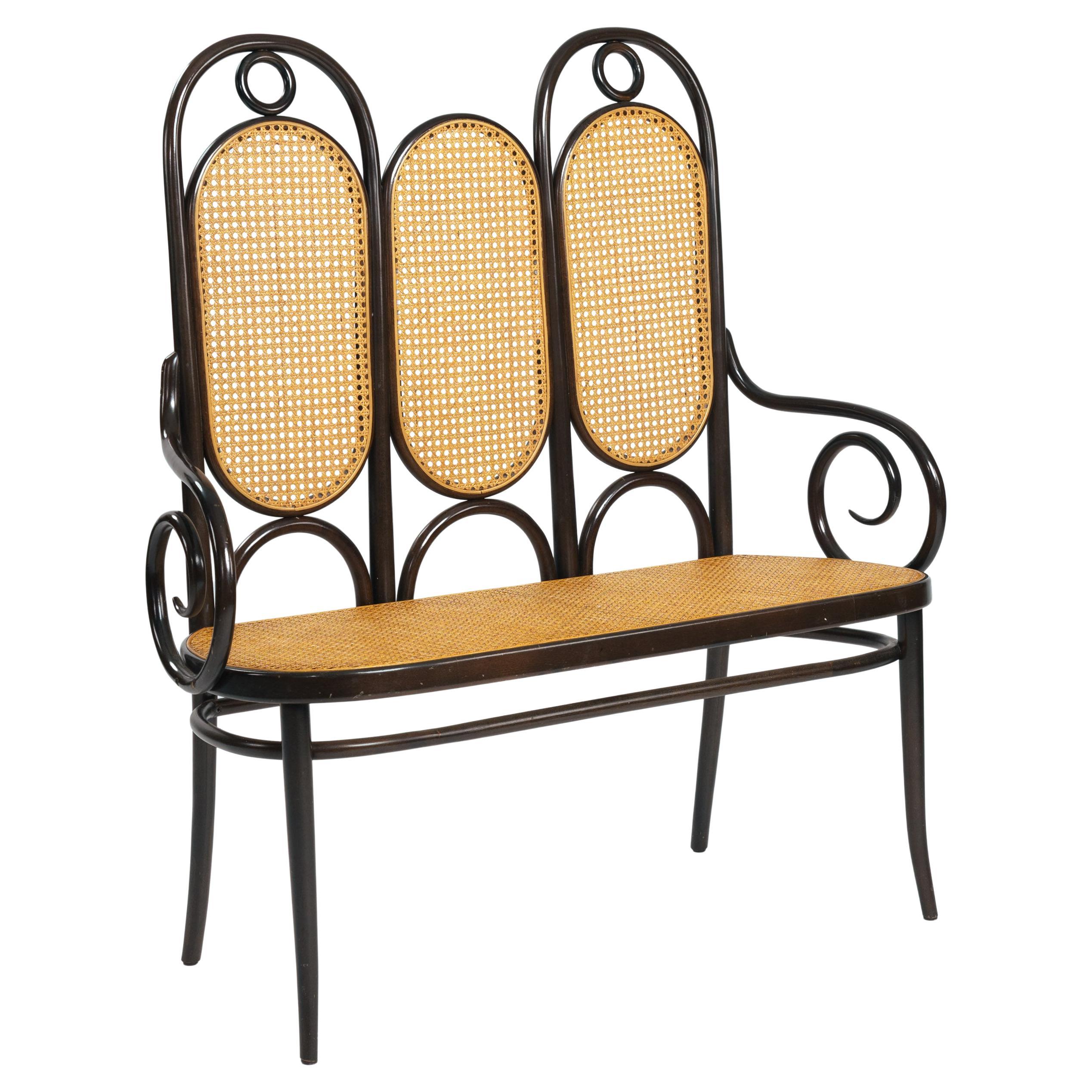 signed Thonet highback webbing bentwood bench 207 Long John, 1970s For Sale