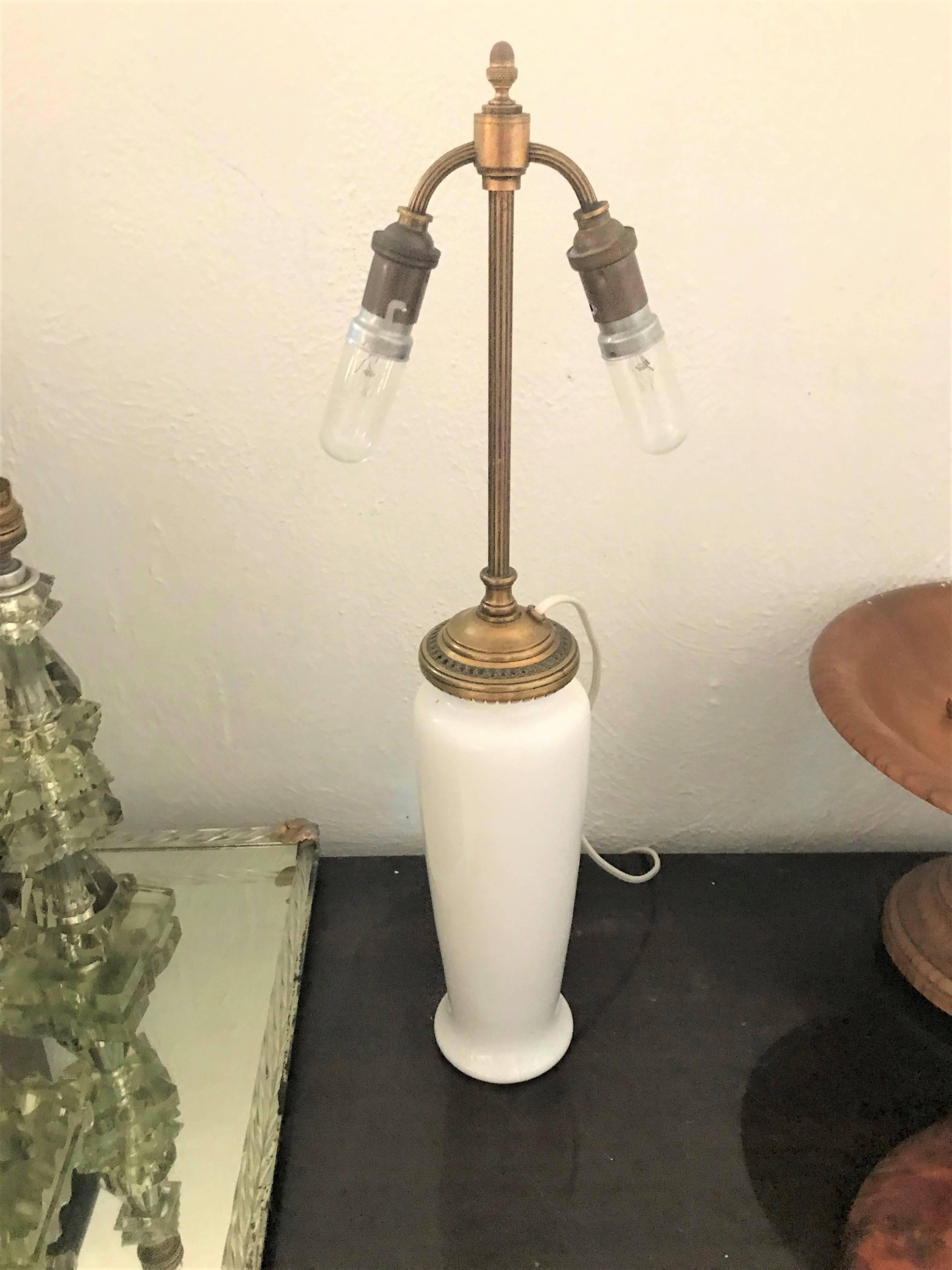 French Signed Three-Light Table Lamp by Baccarat, France 1920 in Opaline Glass & Bronze For Sale