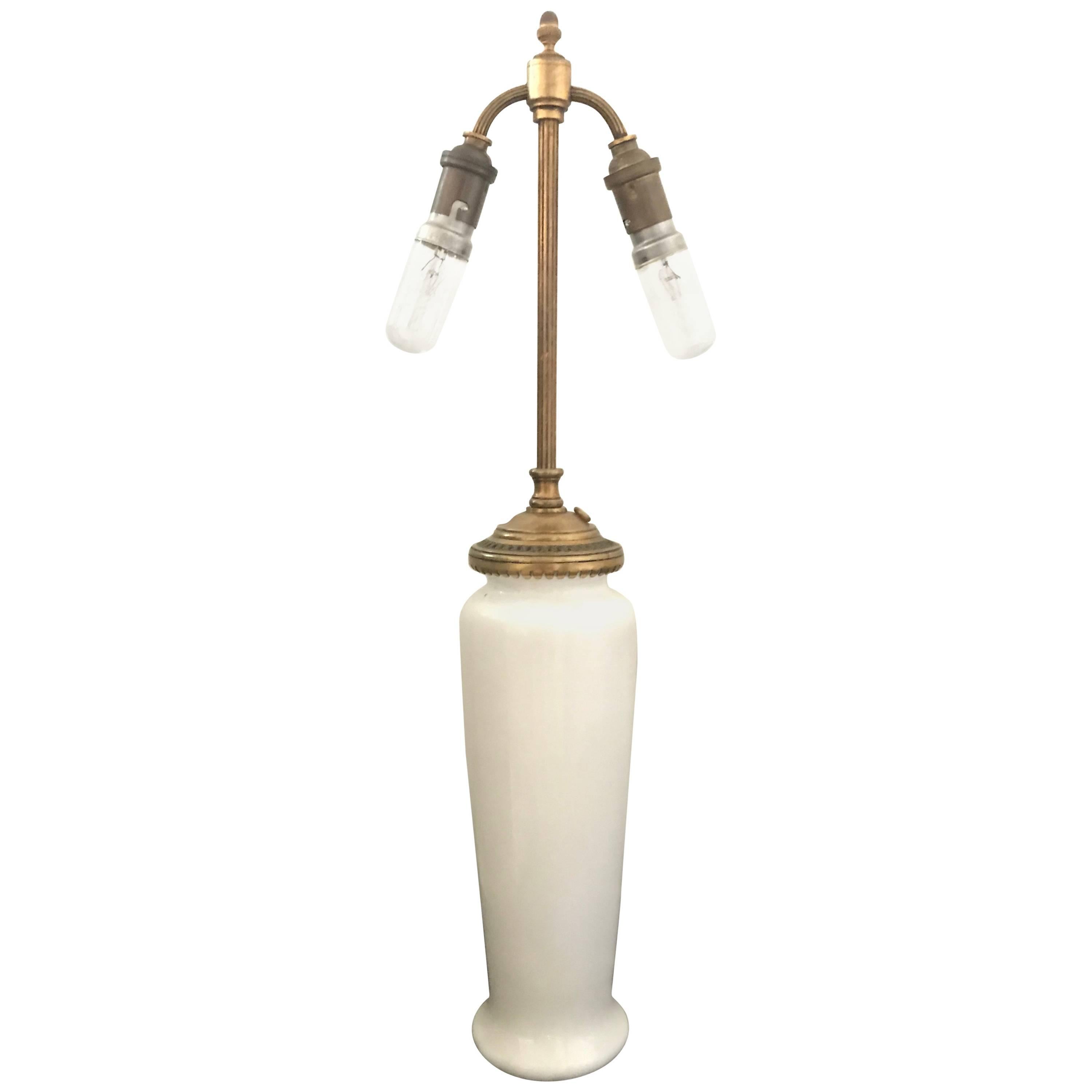 Signed Three-Light Table Lamp by Baccarat, France 1920 in Opaline Glass & Bronze For Sale