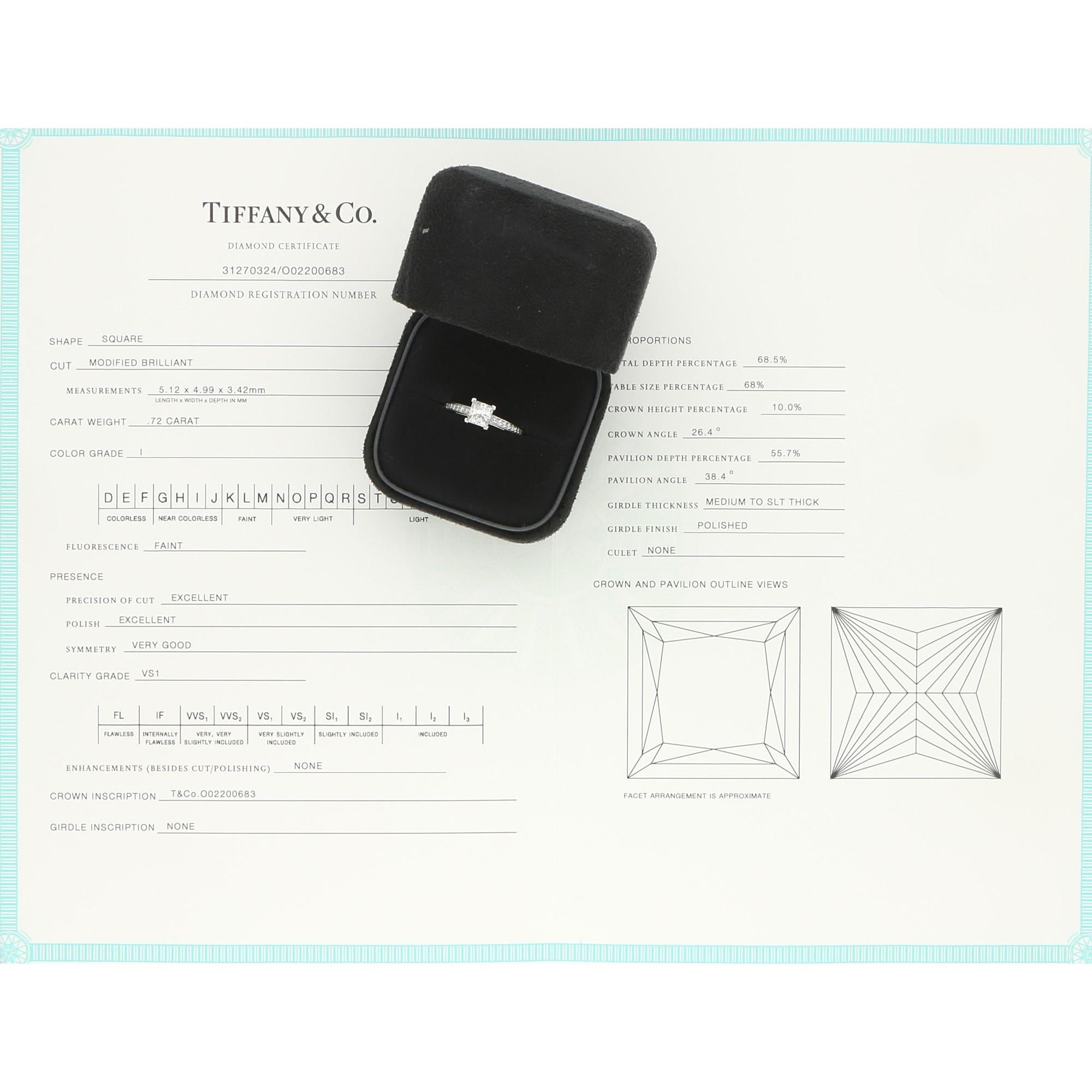 Signed Tiffany & Co, 0.72 Carat, Solitaire Diamond 'Grace' Ring Set in Platinum In Good Condition In London, GB