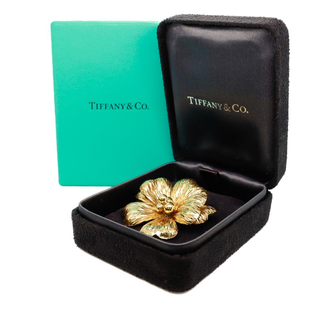 Modern Signed Tiffany & Co. 14K Yellow Gold Flower Brooch For Sale