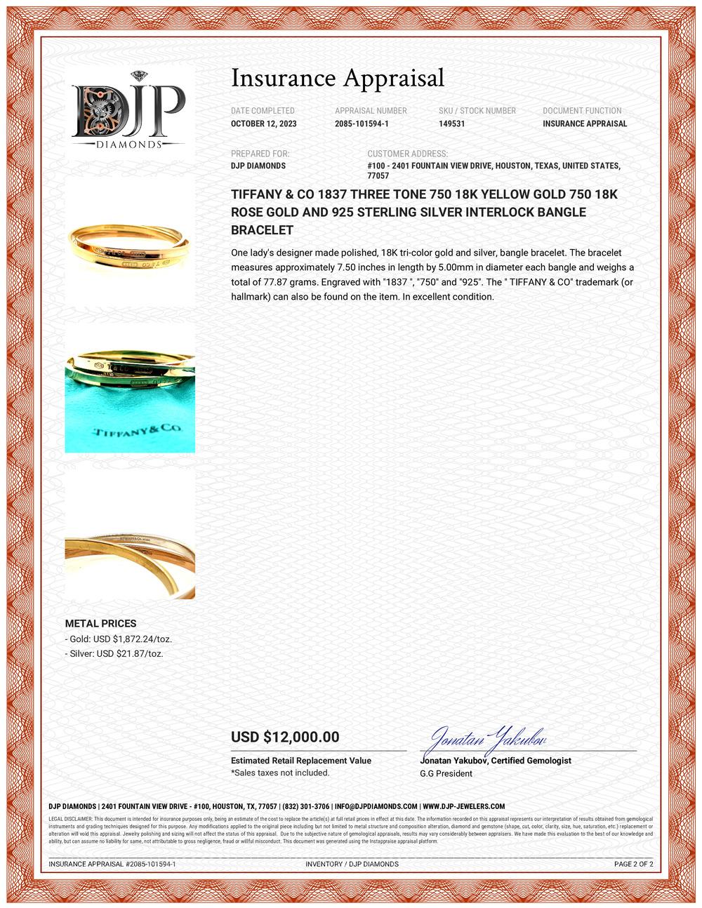 Signed Tiffany & Co 1837 Three Tone Interlock Bangle Bracelet 4