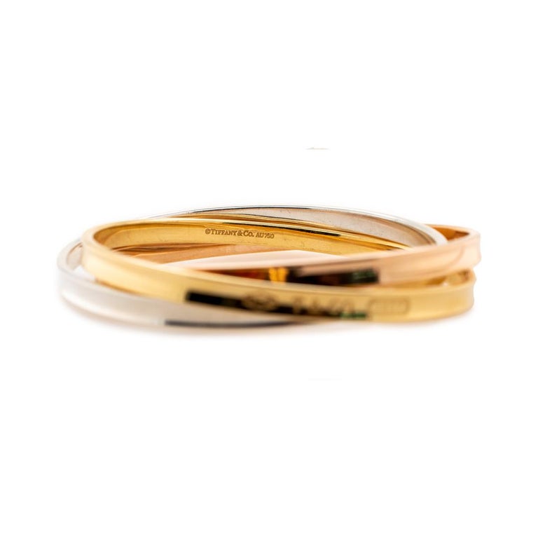 Signed Tiffany and Co 1837 Three Tone Interlock Bangle Bracelet For ...