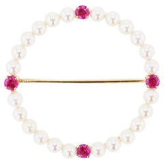 Signed Tiffany & Co Pearl and Pink Sapphire Vintage Circle Pin