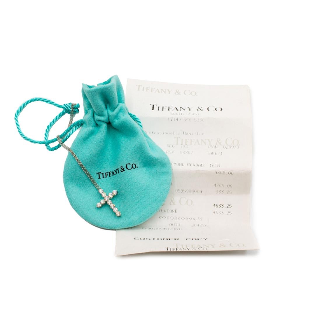 Round Cut Signed Tiffany & Co Platinum Diamond Cross Pendant Necklace