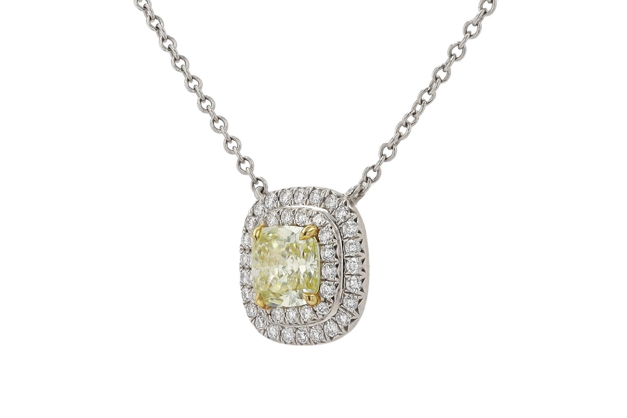 Cushion Cut Signed Tiffany & Co. Soleste Fancy Intense Yellow Diamond Pendant Necklace For Sale