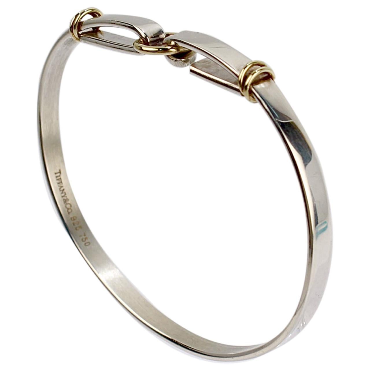 Signed Tiffany and Co. Sterling Silver and 18k Gold Hook and Circle Bangle  Bracelet at 1stDibs