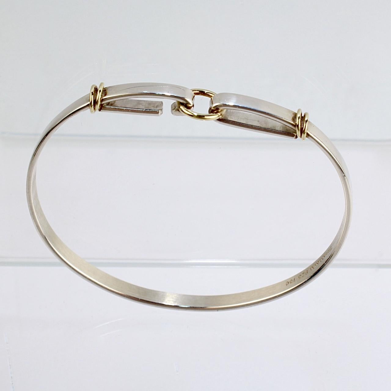 Modern Signed Tiffany & Co. Sterling Silver & 18k Gold Hook and Circle Bangle Bracelet
