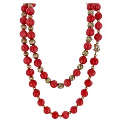 Signed Tiffany & Co. Vintage Natural Coral & Yellow Gold Bead Necklace, 38" Long