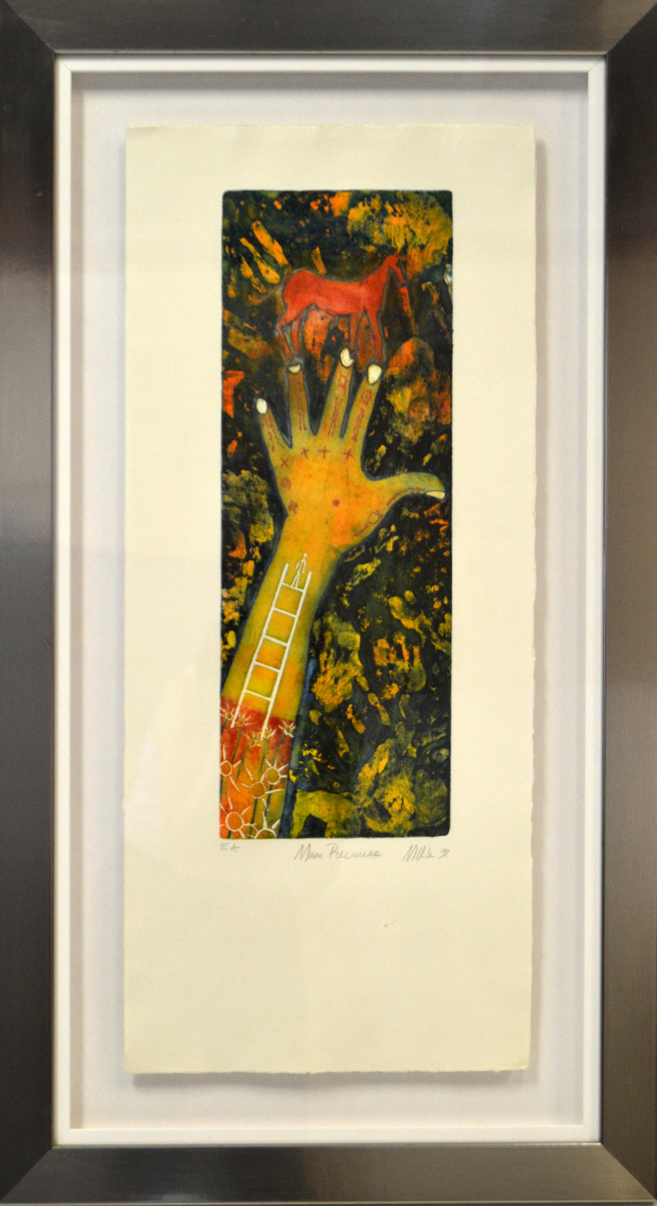 Beautiful Fine Art of a Valuable Hand, Titled Main Précieuse, dated 1998 and signed by Artist.
Signed at the right side of the Lithography and numbered on the left Side, EA.
Chrome Frame has some light wear due to History.
Art Size: 14 x 31