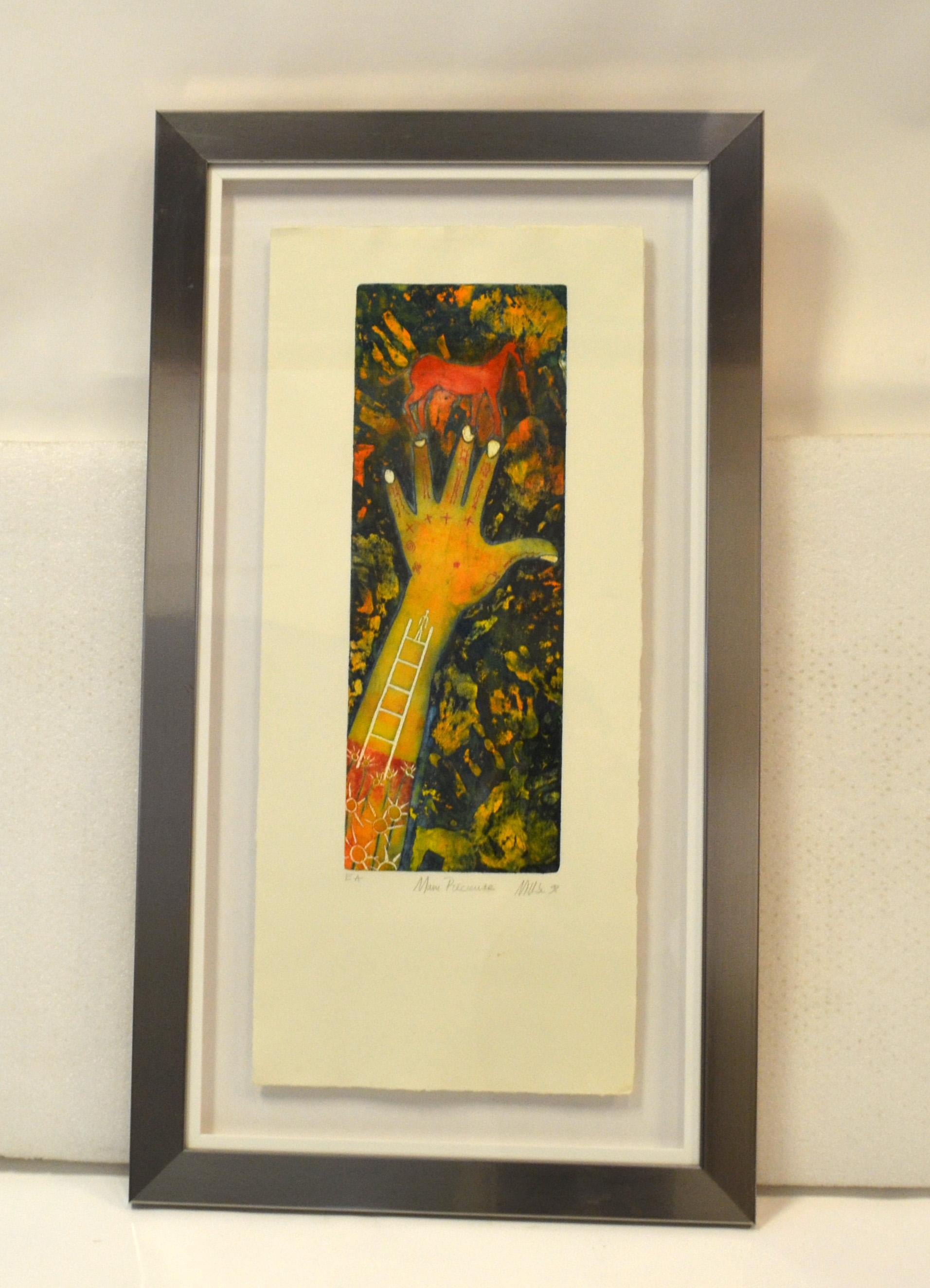 Peint à la main Gravure à l'eau-forte signée et titrée Main Précieuse Encadré chromé Lithographie d'artiste française  en vente