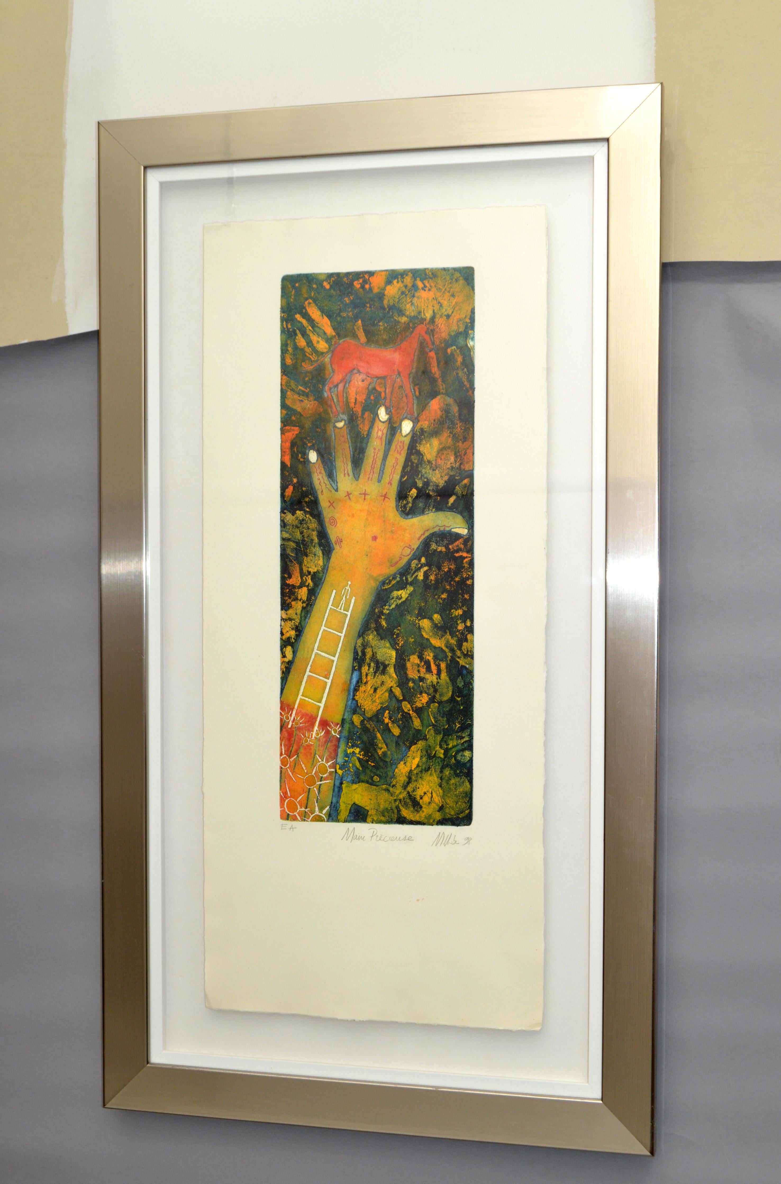 Signed & Titled Main Précieuse Chrome Framed French Artist Lithography Etching  In Good Condition For Sale In Miami, FL