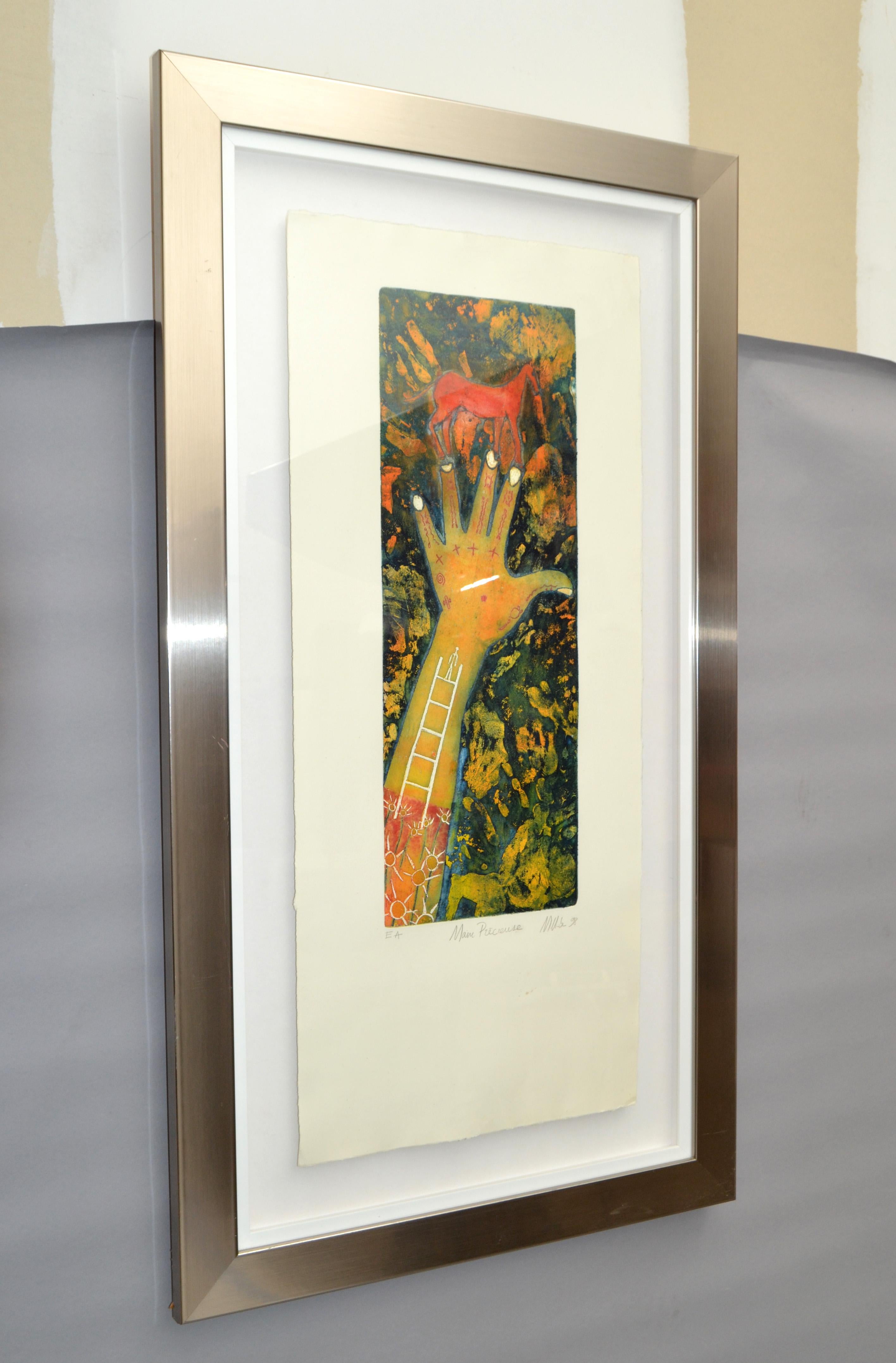 20ième siècle Gravure à l'eau-forte signée et titrée Main Précieuse Encadré chromé Lithographie d'artiste française en vente
