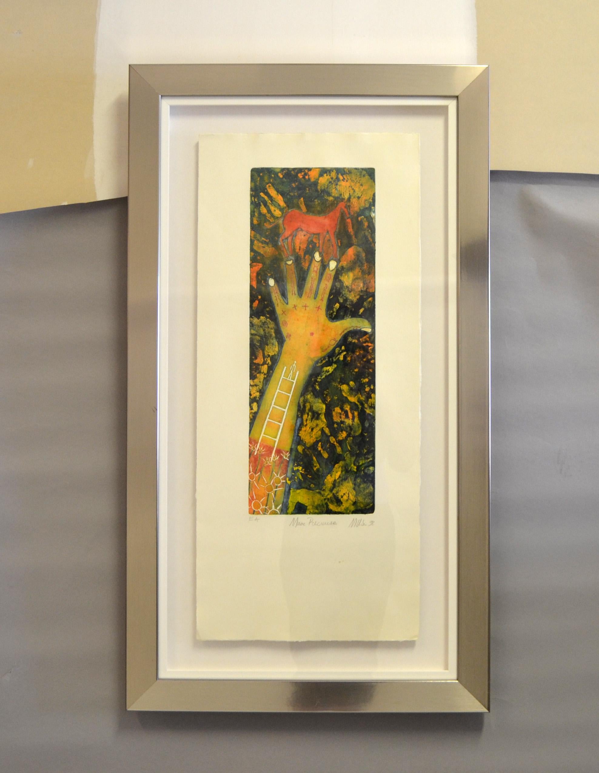 Toile Gravure à l'eau-forte signée et titrée Main Précieuse Encadré chromé Lithographie d'artiste française en vente