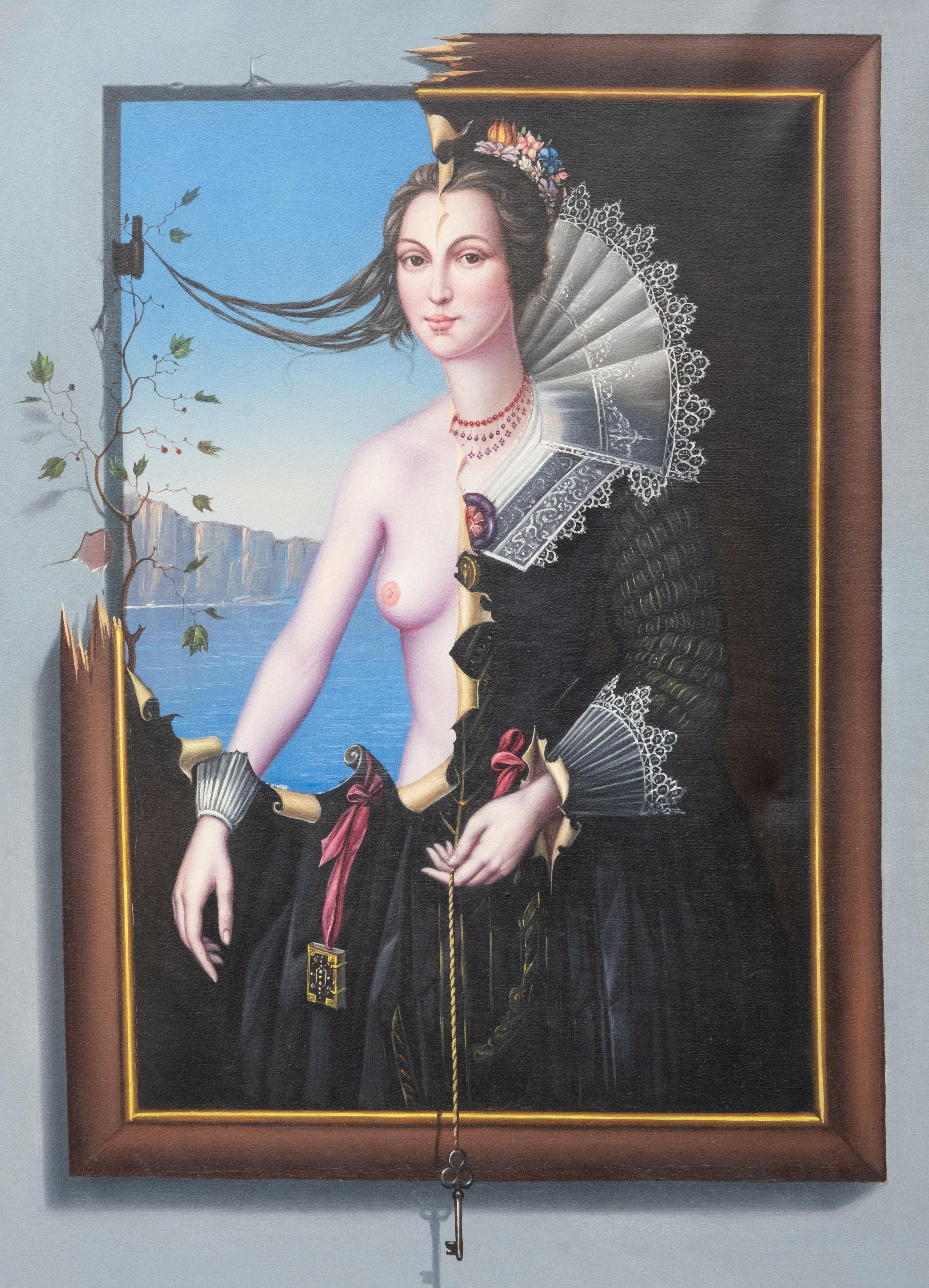 italien Peinture à l'huile sur toile signée Tito Salomoni, portrait d'une femme surréaliste en vente