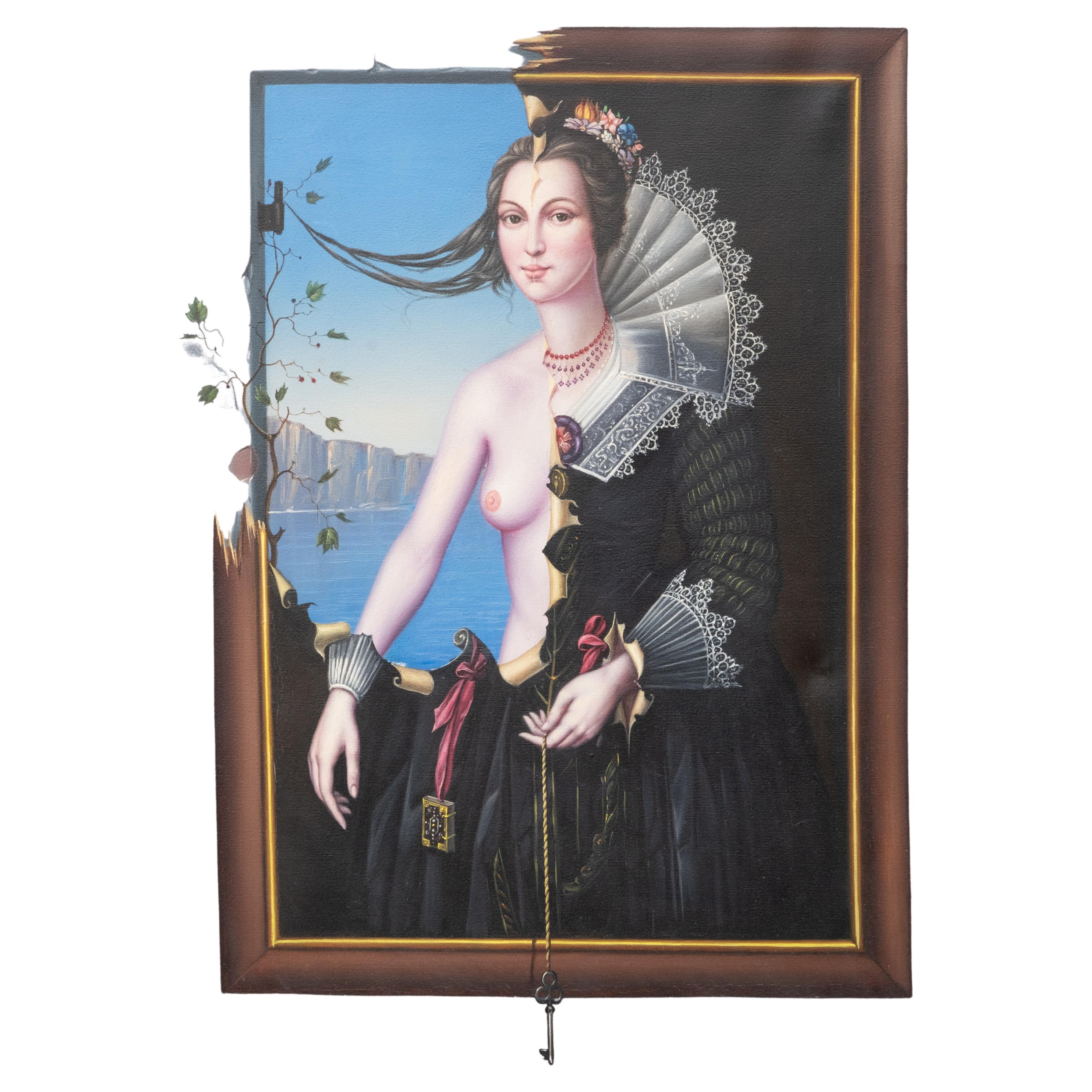 Peinture à l'huile sur toile signée Tito Salomoni, portrait d'une femme surréaliste en vente