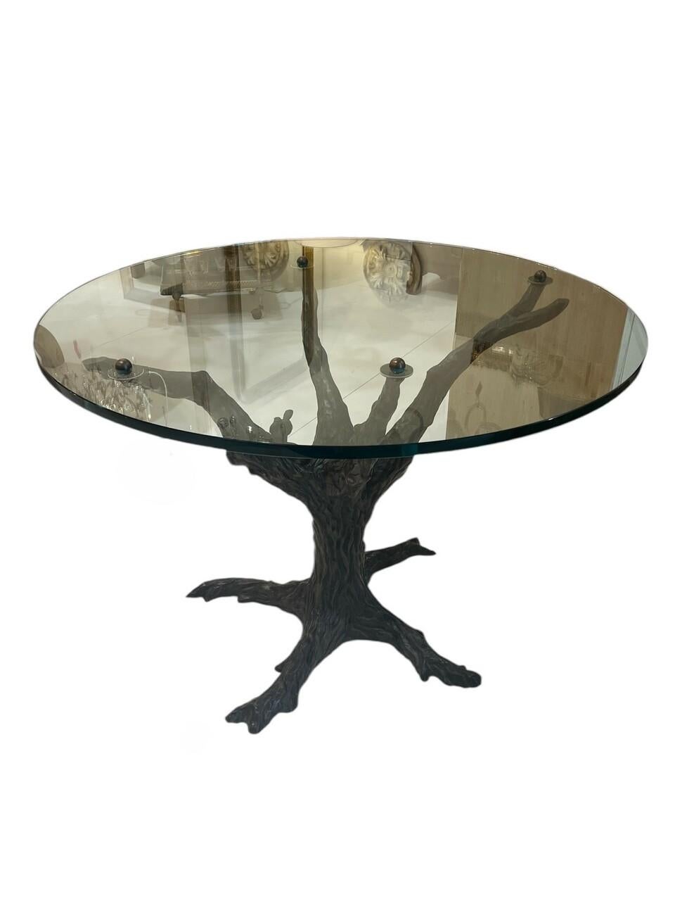 Corbin Bronze Tree Glass Top Center Table. Signed by the artist Tom Corbin.
Glass is 3/4 inch thick with through glass mounting.