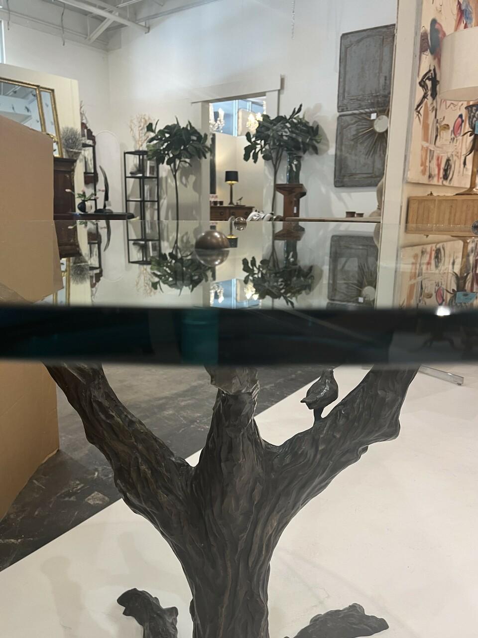 American Signed Tom Corbin Bronze Tree Glass Top Center Table