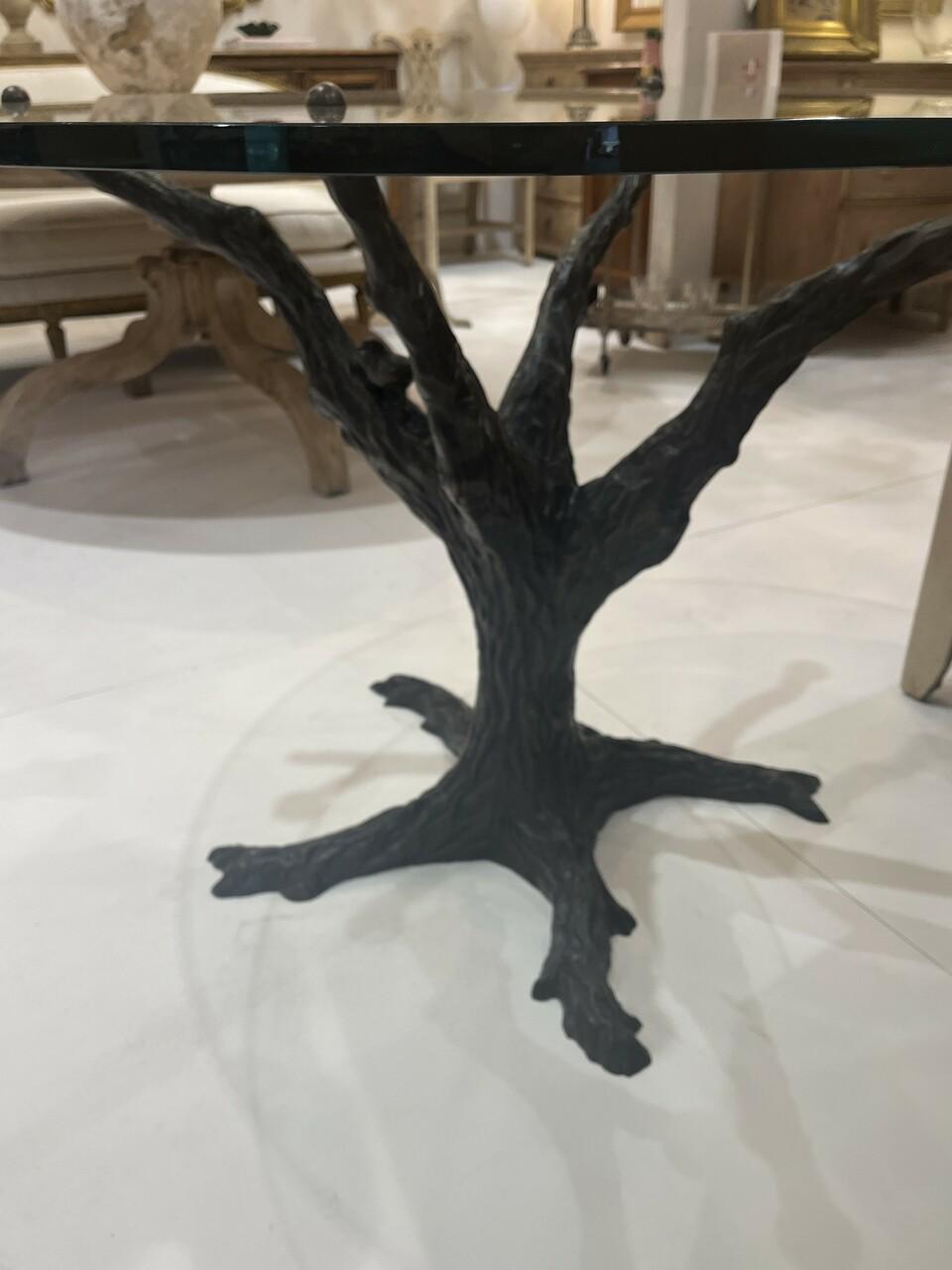 Patinated Signed Tom Corbin Bronze Tree Glass Top Center Table