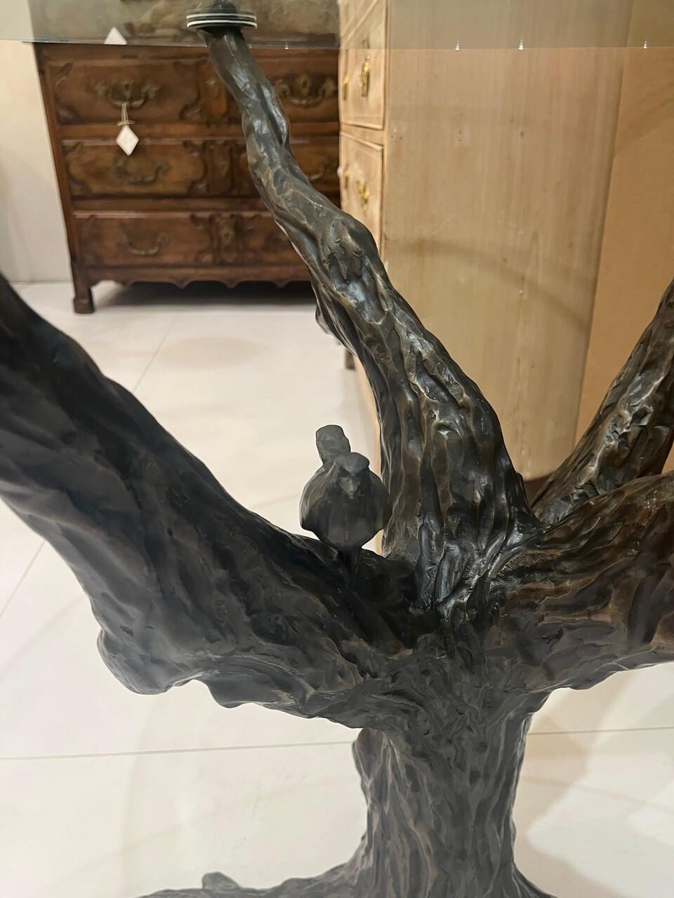 Signed Tom Corbin Bronze Tree Glass Top Center Table In Good Condition In Houston, TX