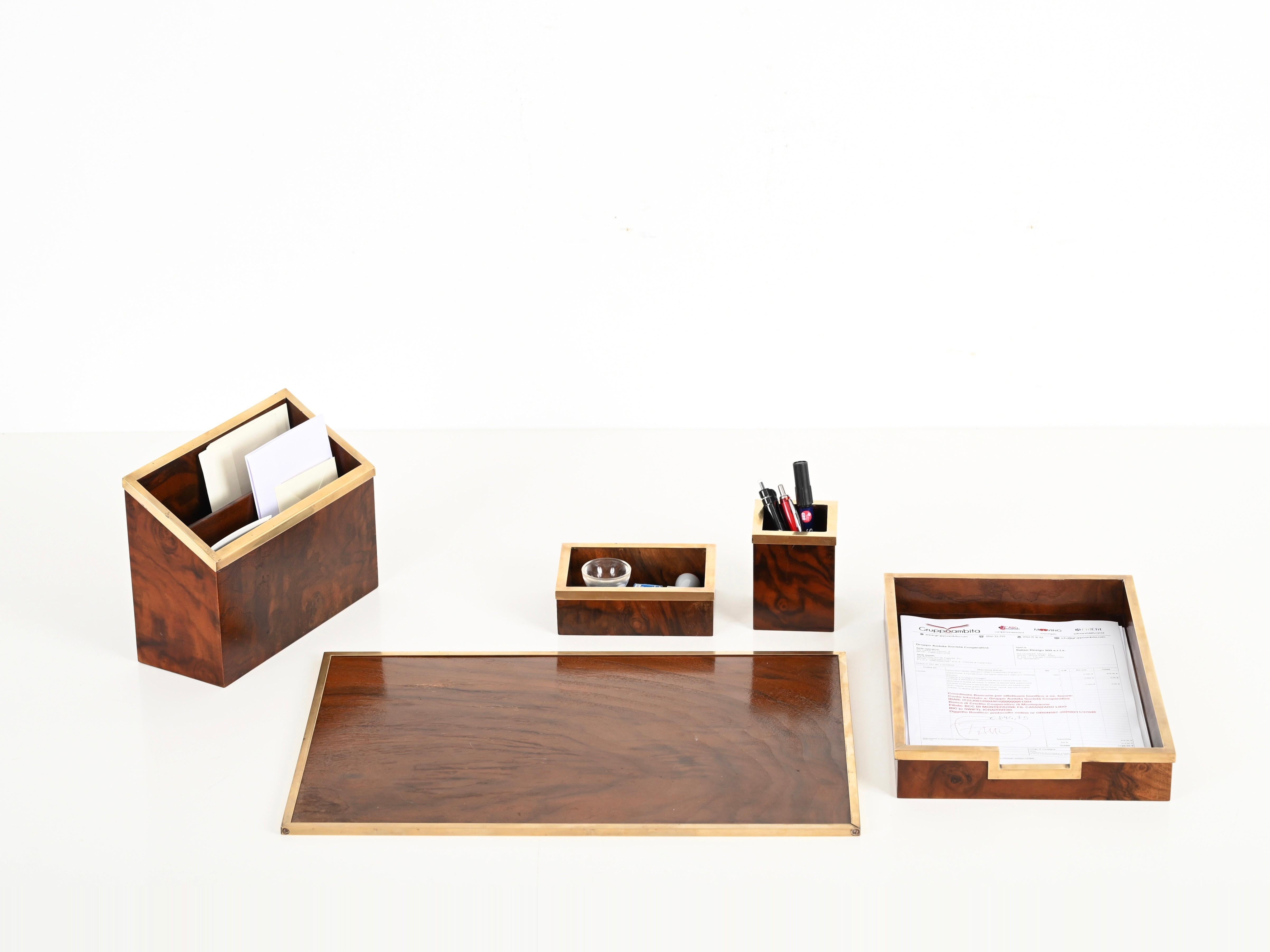 Signed Tommaso Barbi Mid-Century Desk Set of 5 in Burl and Brass, Italy 1970s 3