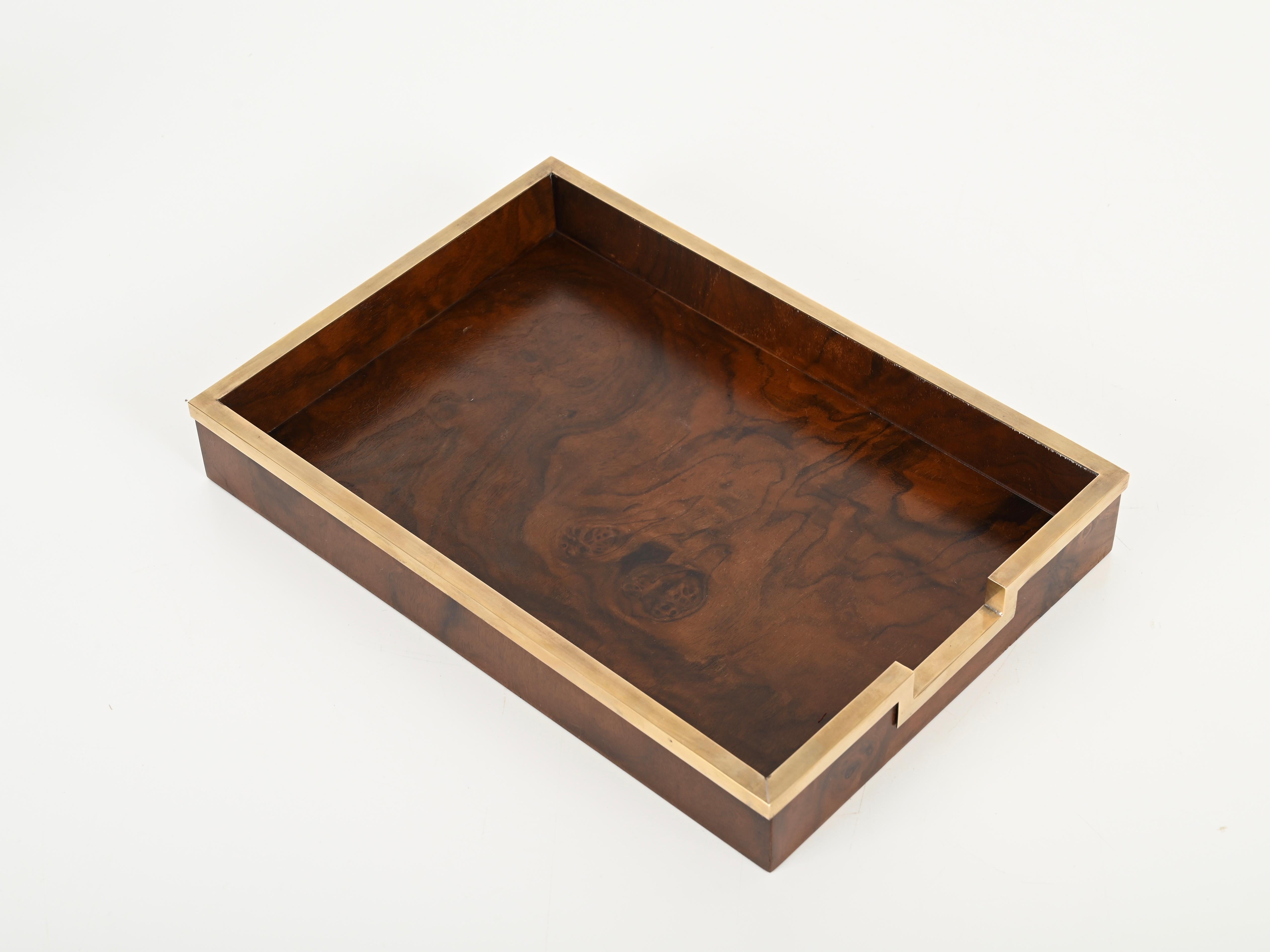 Signed Tommaso Barbi Mid-Century Desk Set of 5 in Burl and Brass, Italy 1970s 4