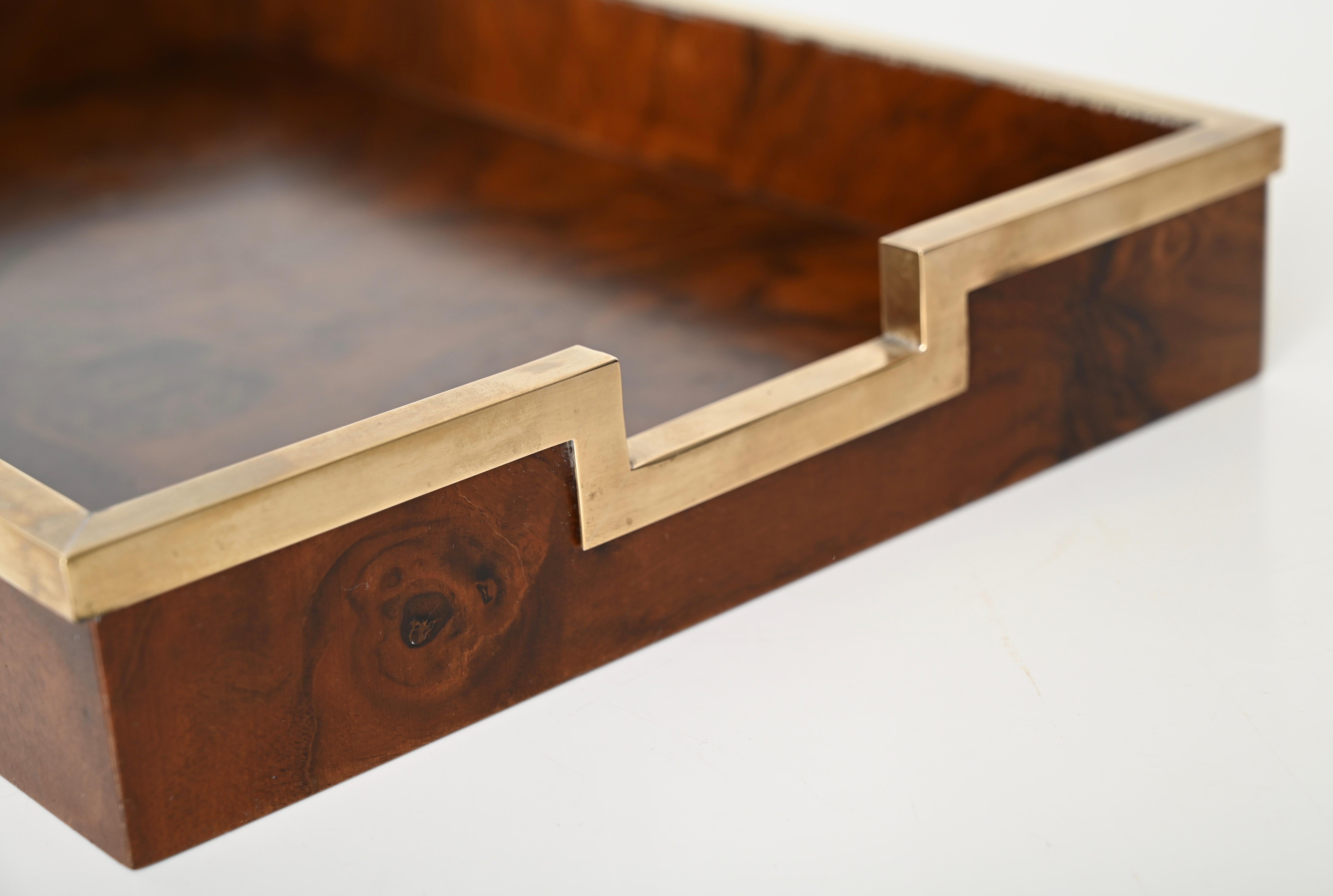 Signed Tommaso Barbi Mid-Century Desk Set of 5 in Burl and Brass, Italy 1970s 8