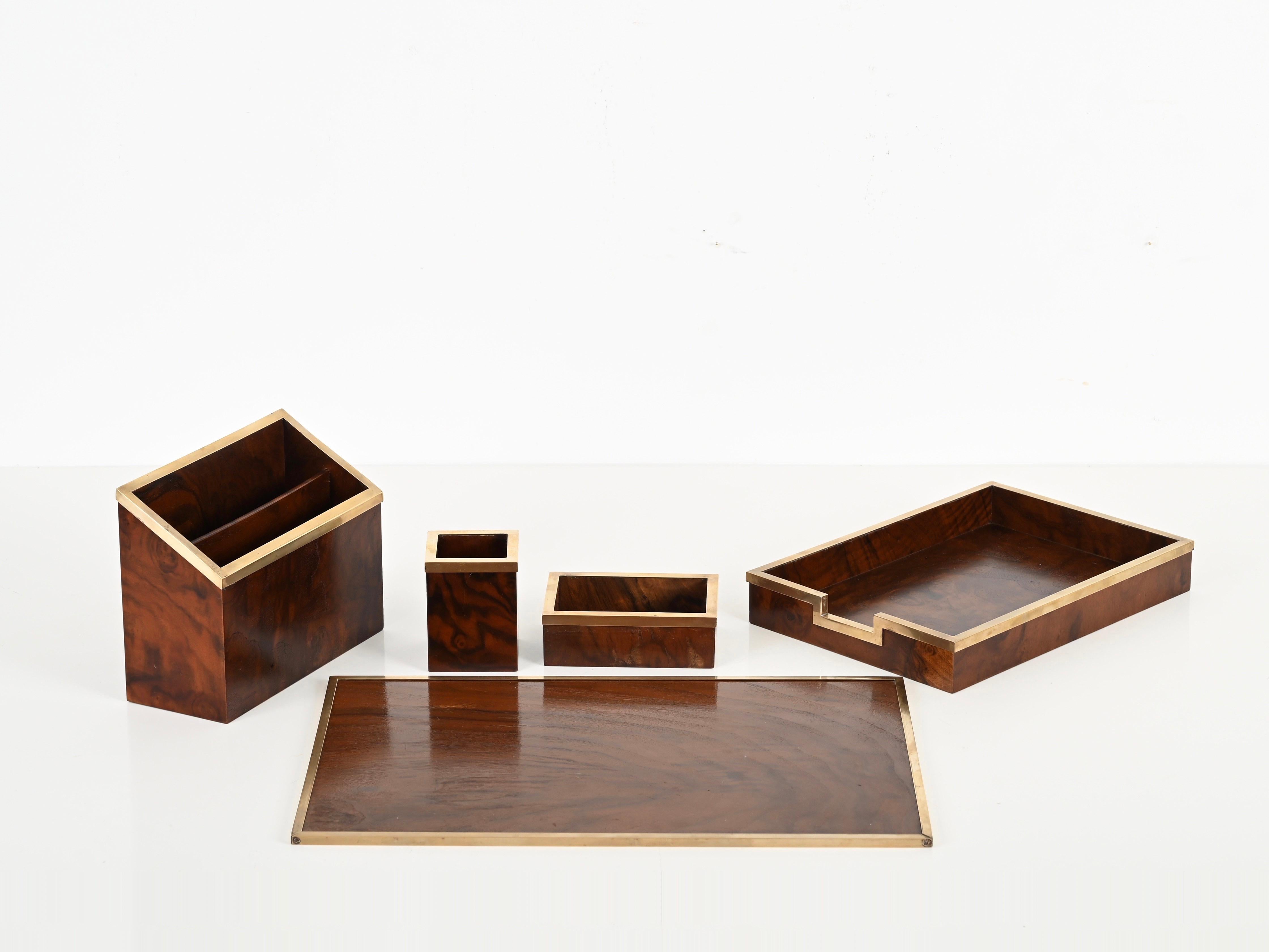 Signed Tommaso Barbi Mid-Century Desk Set of 5 in Burl and Brass, Italy 1970s 11