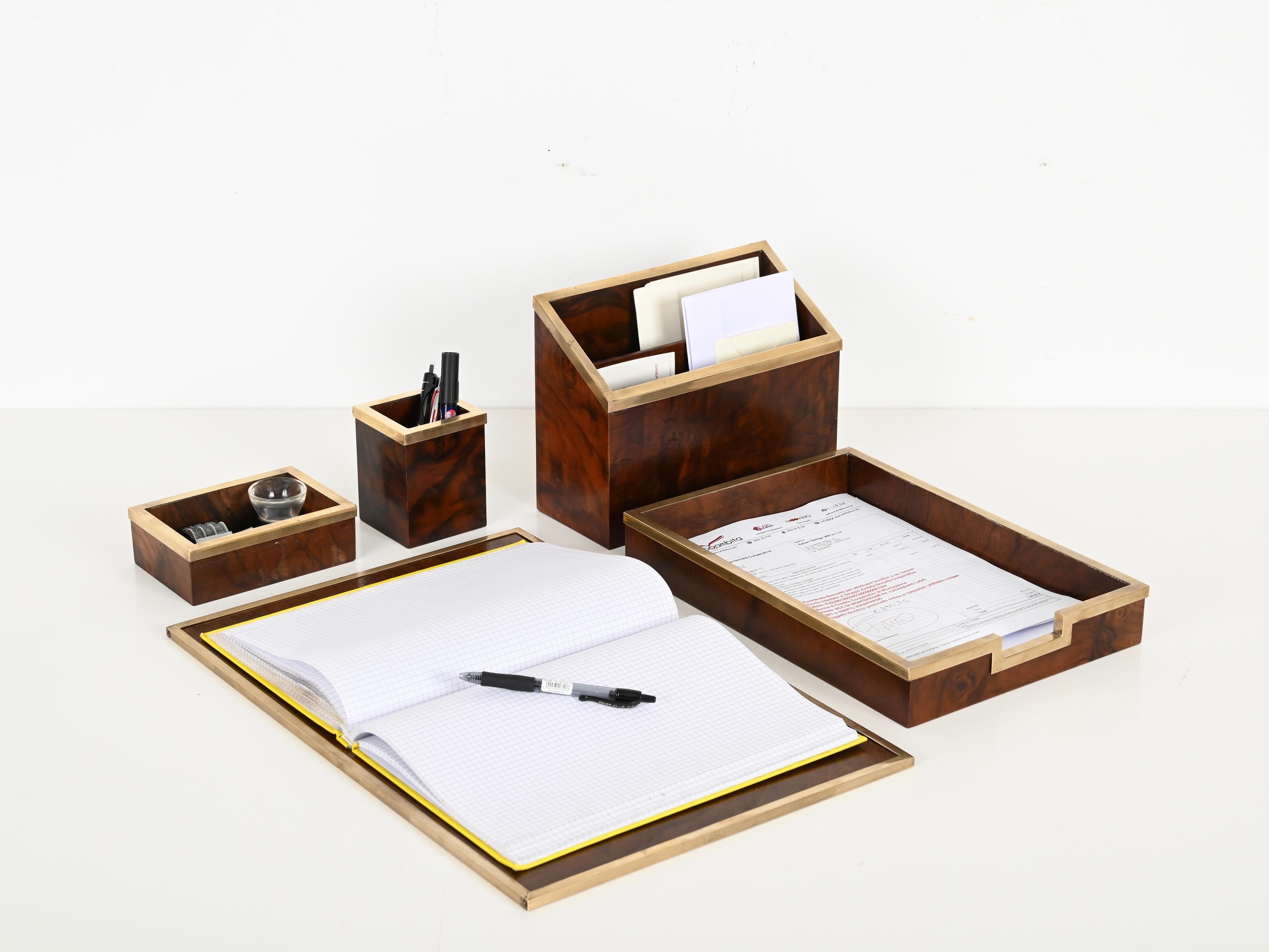 Mid-Century Modern Signed Tommaso Barbi Mid-Century Desk Set of 5 in Burl and Brass, Italy 1970s